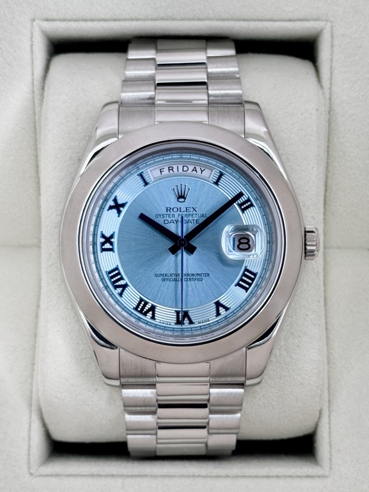 Rolex 2014 Rolex Day-Date II 41mm 218206 Platinum Ice Blue Roman Numeral Dial