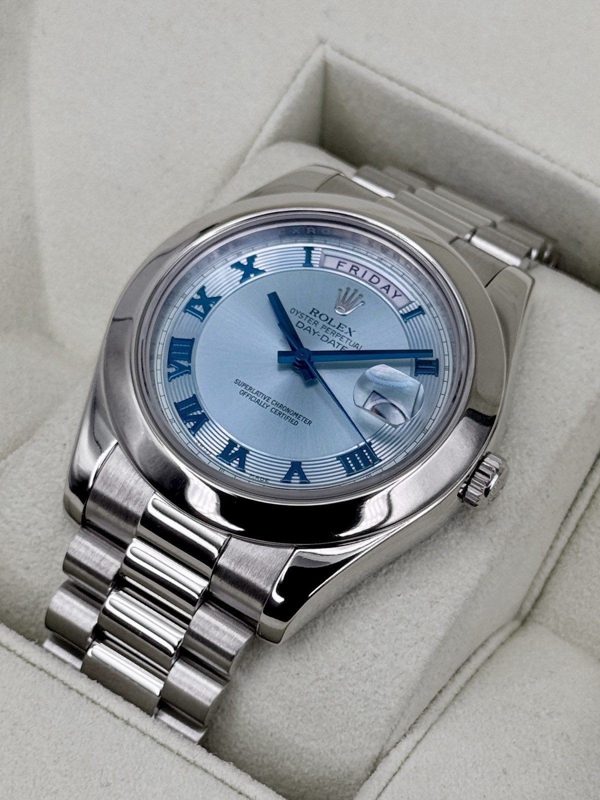 Rolex 2014 Rolex Day-Date II 41mm 218206 Platinum Ice Blue Roman Numeral Dial