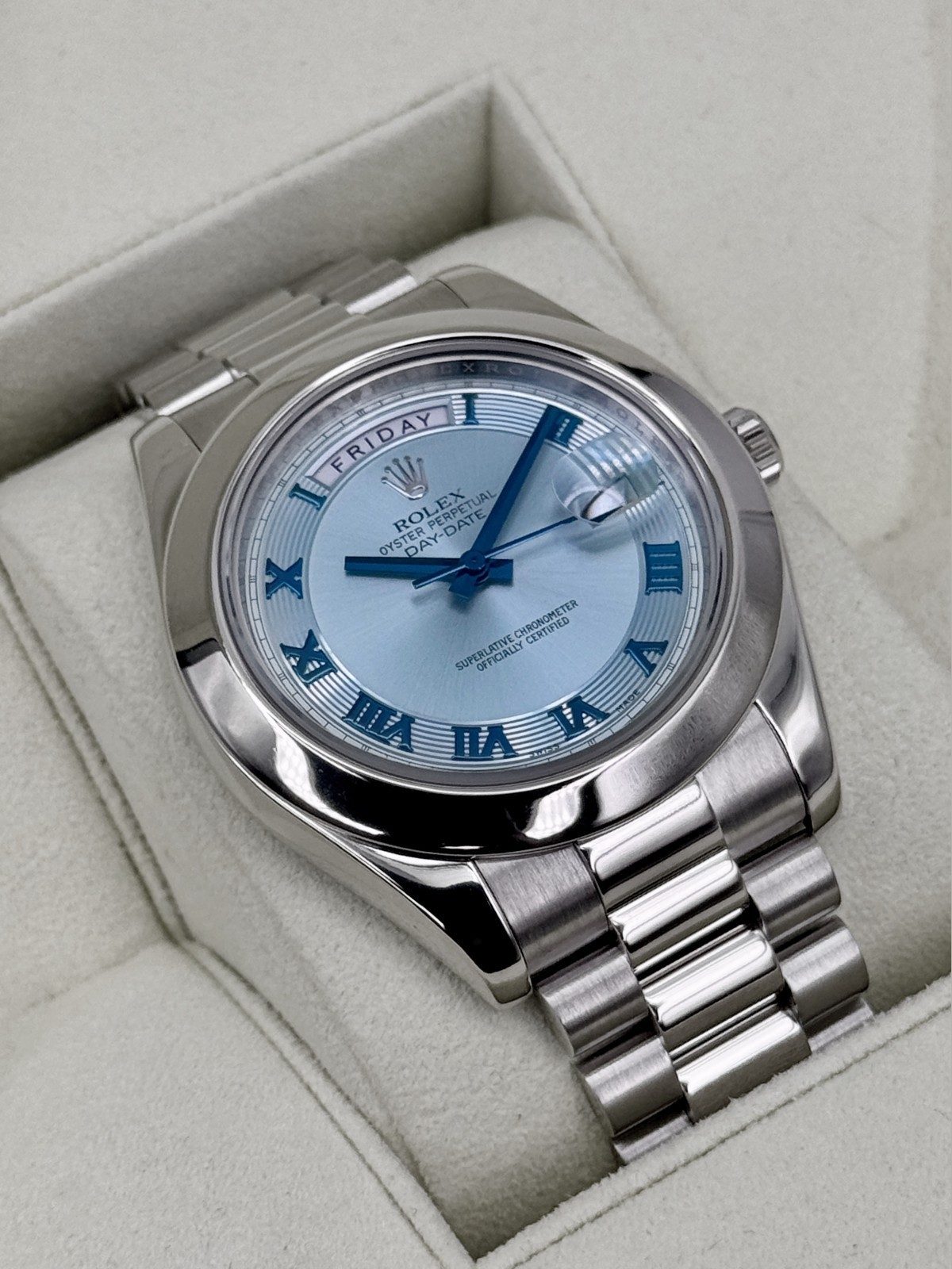 Rolex 2014 Rolex Day-Date II 41mm 218206 Platinum Ice Blue Roman Numeral Dial