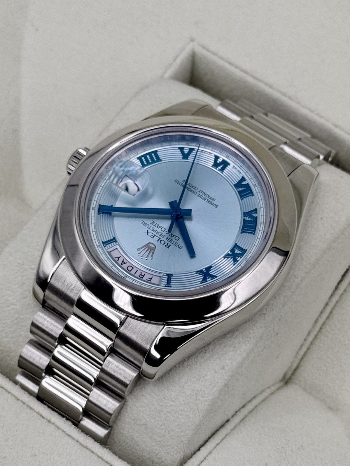 Rolex 2014 Rolex Day-Date II 41mm 218206 Platinum Ice Blue Roman Numeral Dial