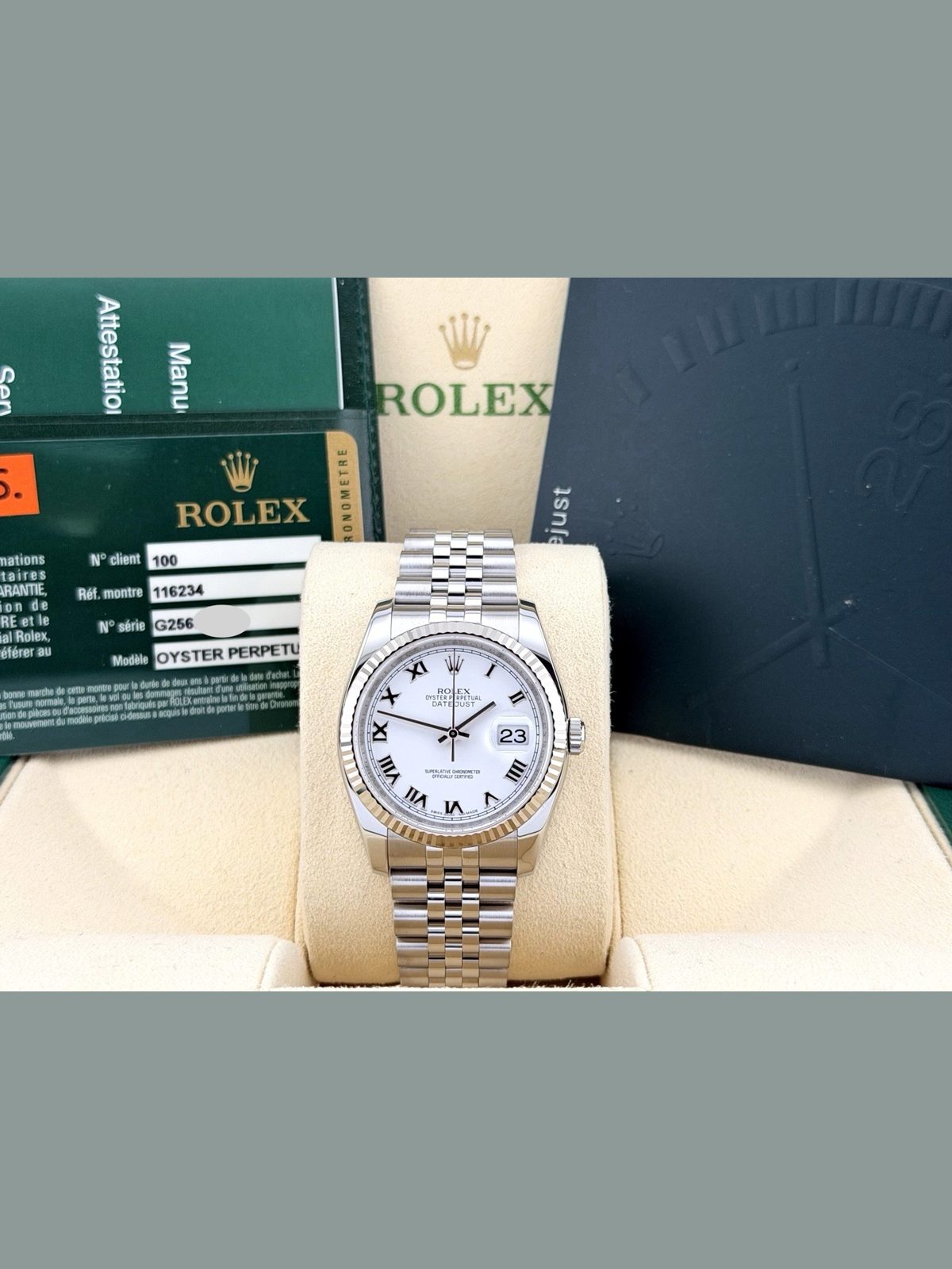 Rolex Datejust 116234 36mm White Roman Dial 18k White Gold Steel Box Paper