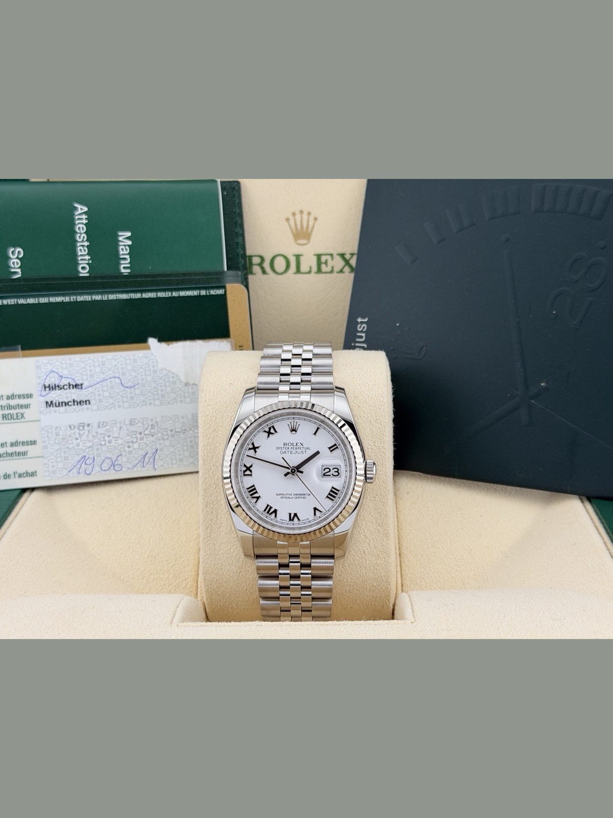 Rolex Datejust 116234 36mm White Roman Dial 18k White Gold Steel Box Paper