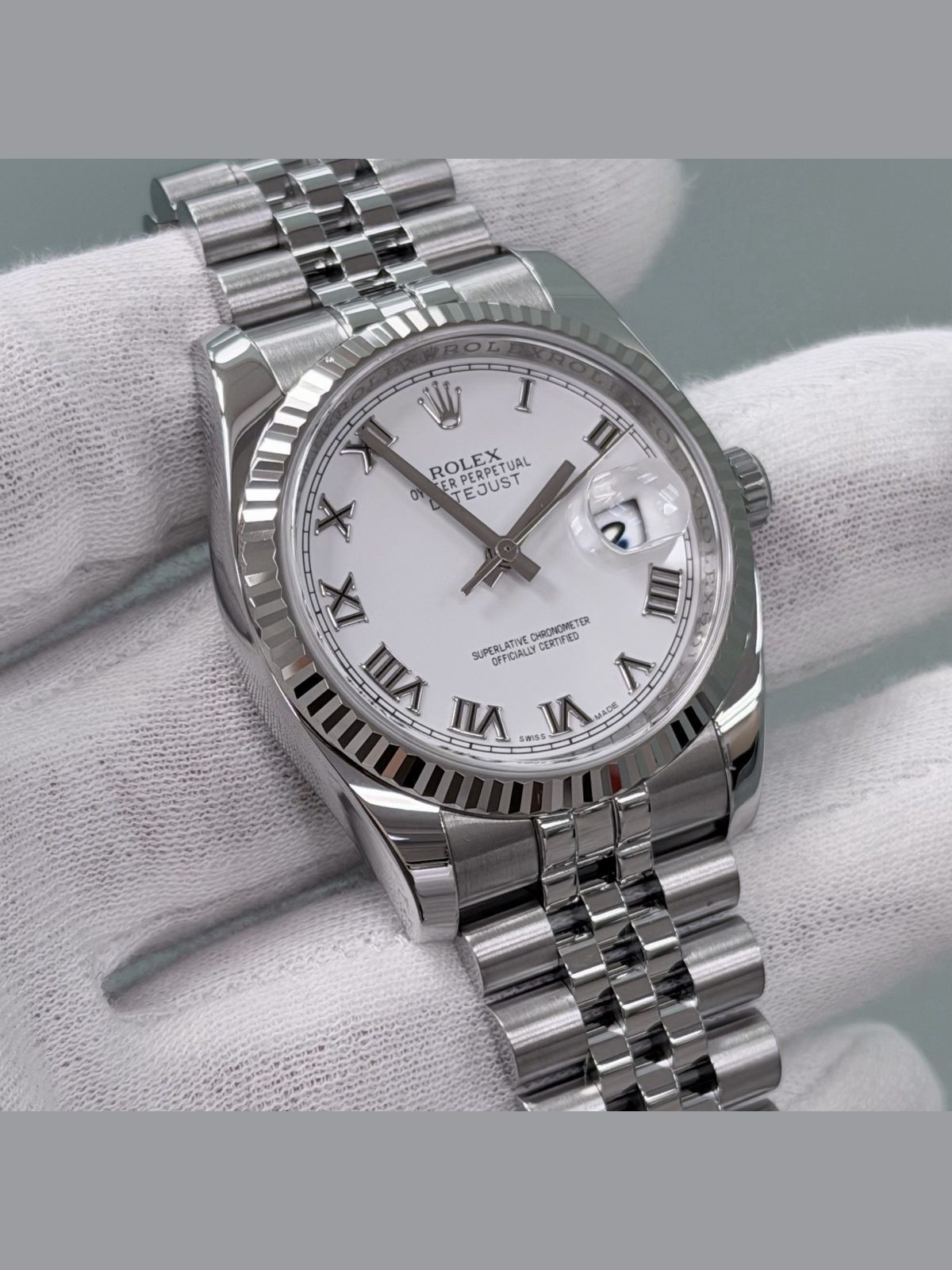 Rolex Datejust 116234 36mm White Roman Dial 18k White Gold Steel Box Paper