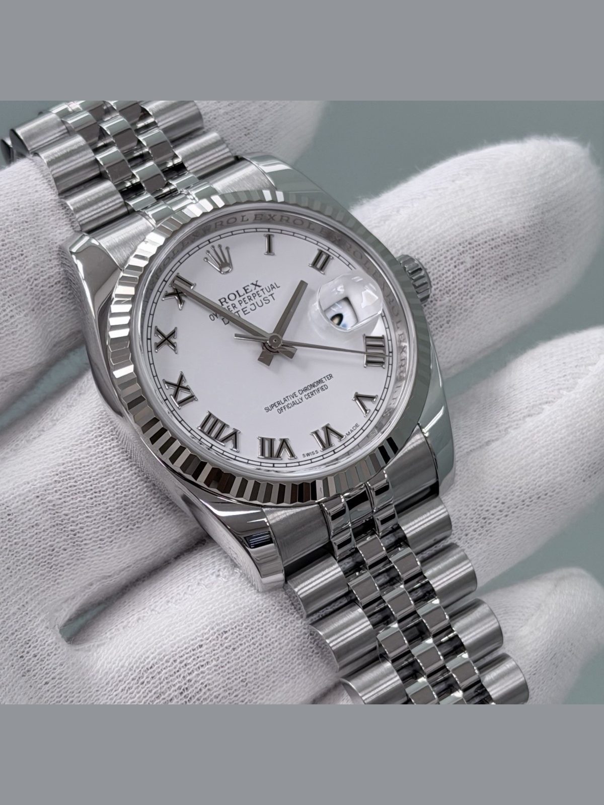 Rolex Datejust 116234 36mm White Roman Dial 18k White Gold Steel Box Paper