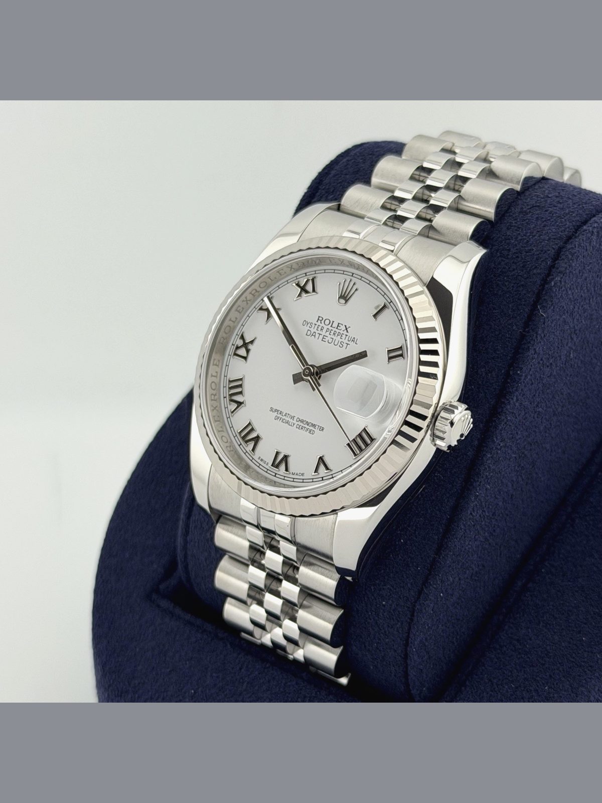 Rolex Datejust 116234 36mm White Roman Dial 18k White Gold Steel Box Paper
