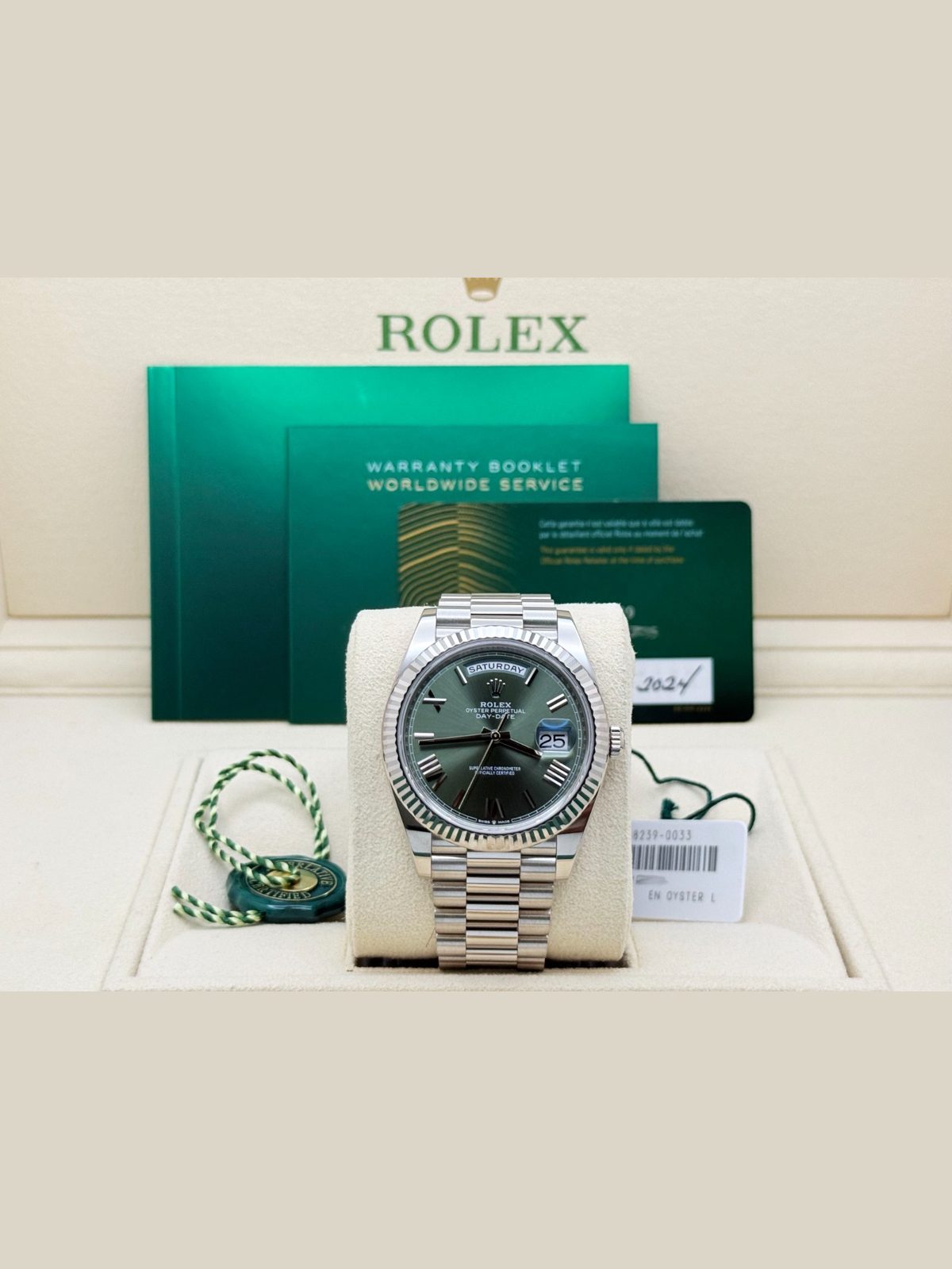 Rolex 2024 Rolex Day Date President 228239 Olive Green Dial 40mm 18k White Gold Paper
