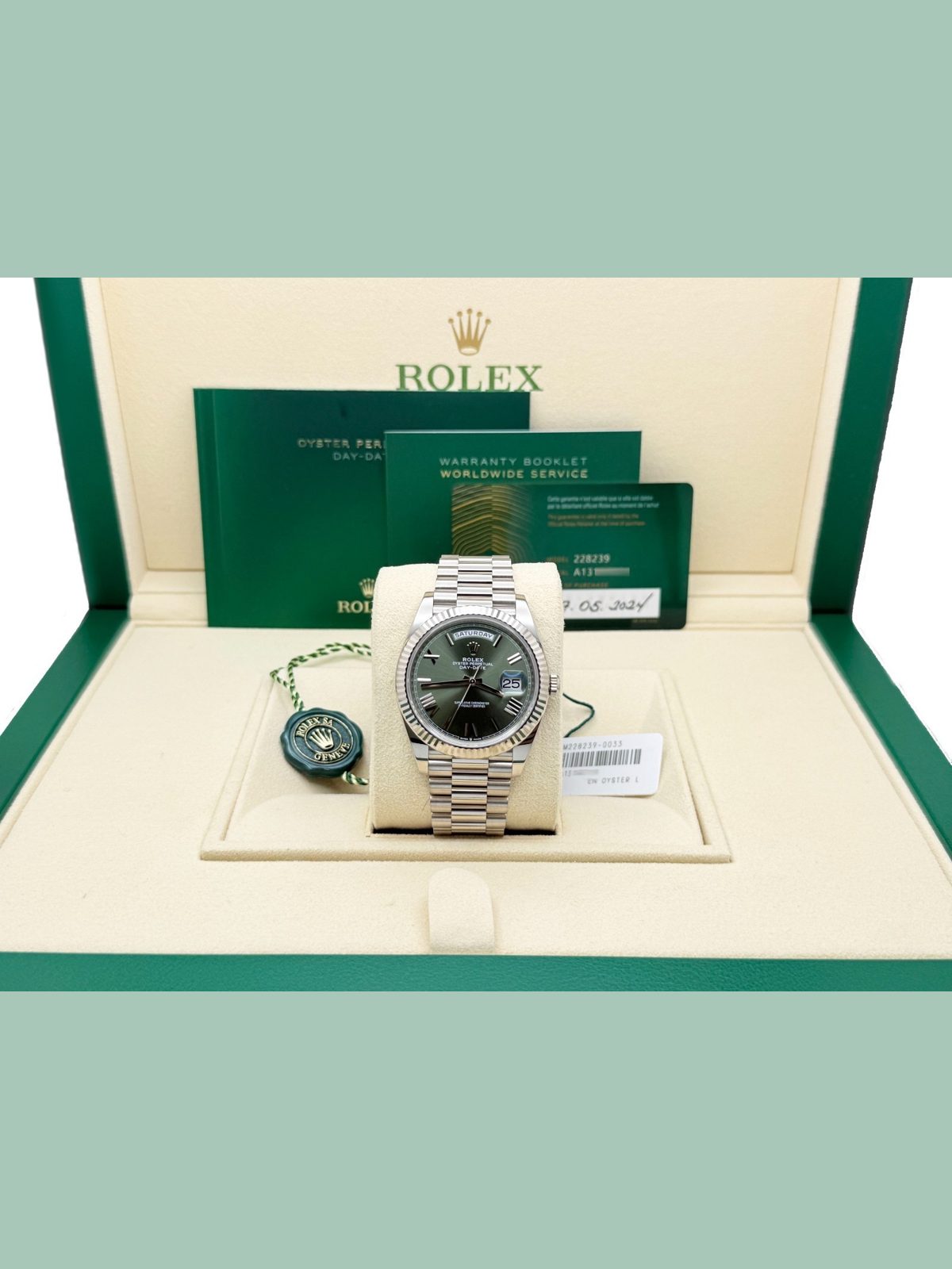 Rolex 2024 Rolex Day Date President 228239 Olive Green Dial 40mm 18k White Gold Paper