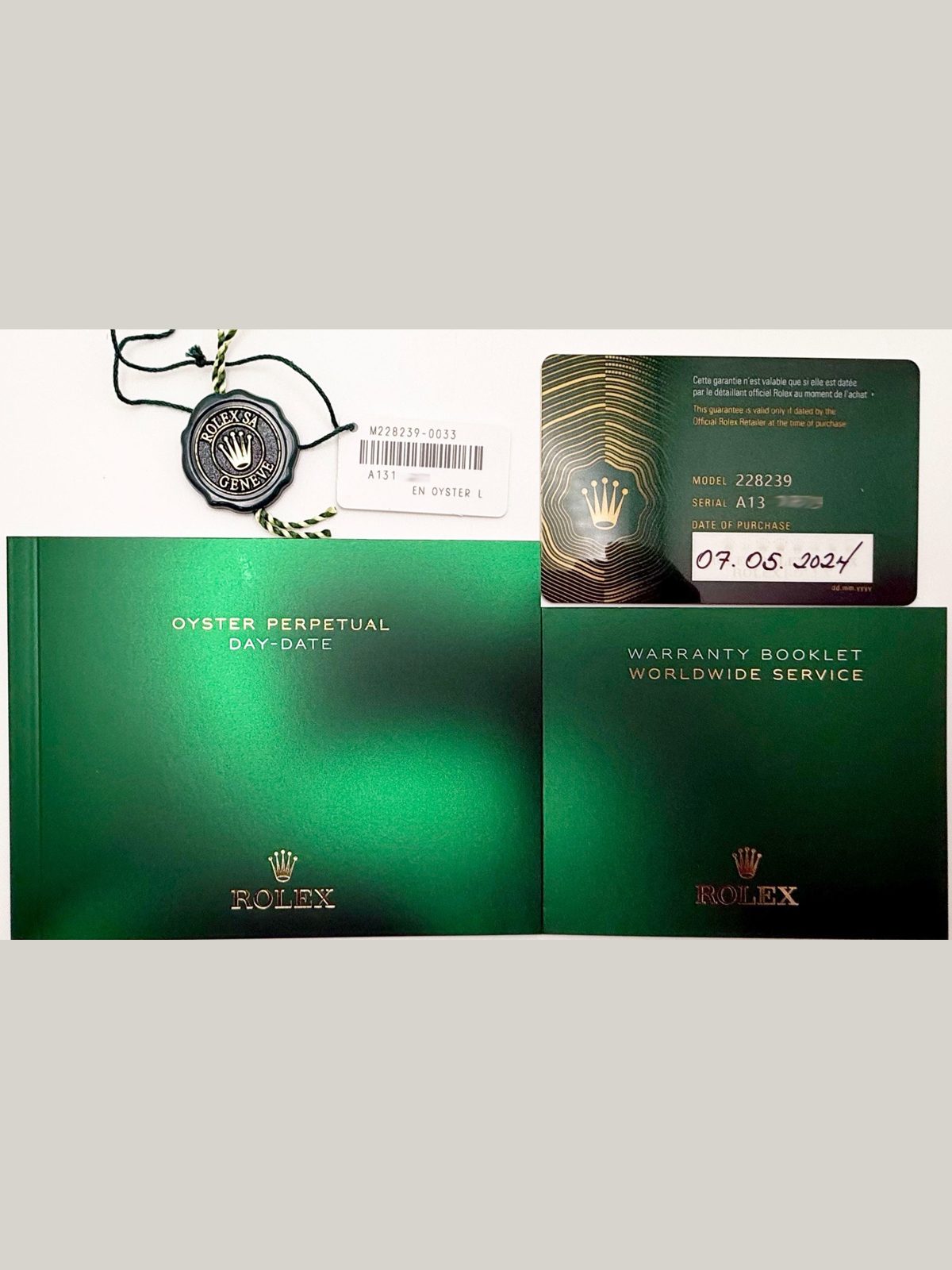 Rolex 2024 Rolex Day Date President 228239 Olive Green Dial 40mm 18k White Gold Paper