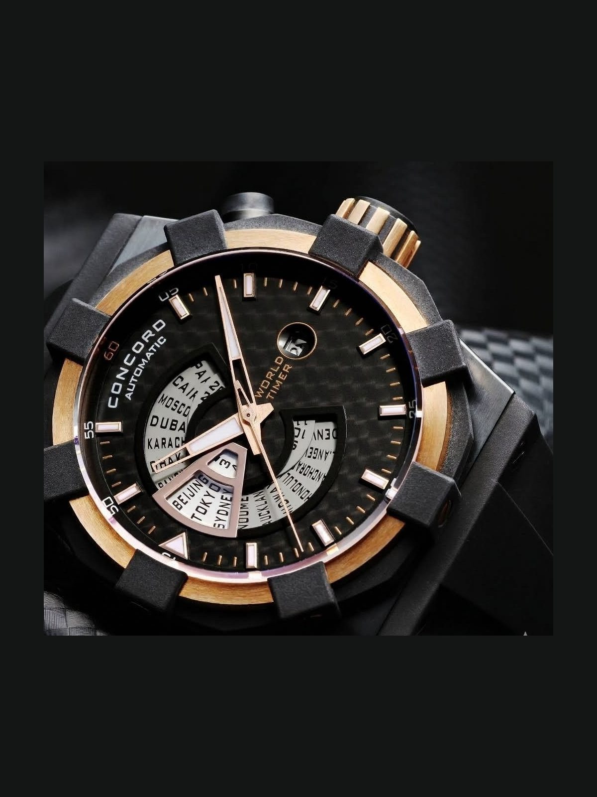 Concord C1 Worldtimer Night Race 0320049 Luxury Black Gold Men's Watch Serviced
