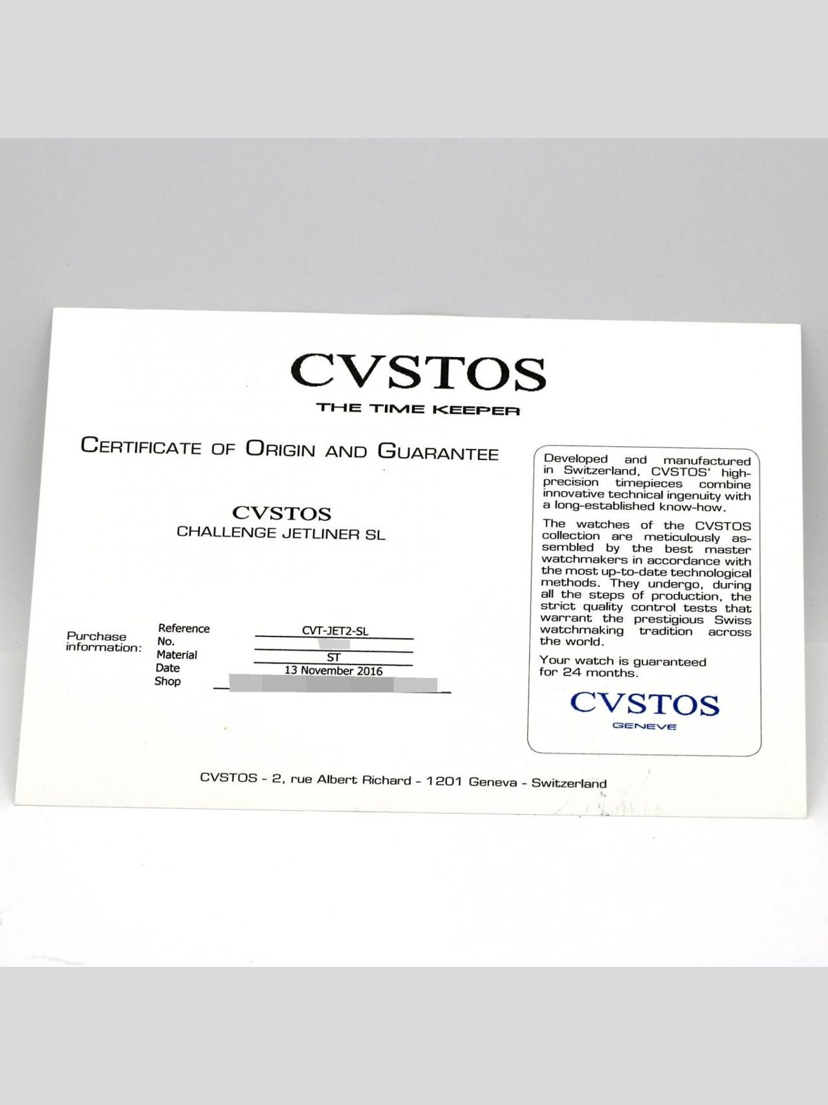 CVSTOS Authentic [Unserviced - Value Price] Cvstos Challenge Jetliner II SL CVT-JET2-SL