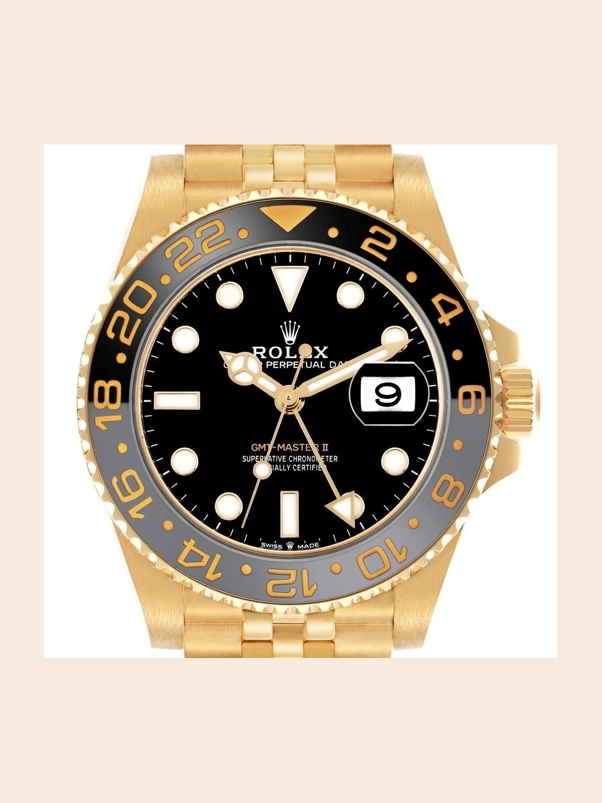 Rolex GMT Master II Black Grey Bezel Yellow Gold Mens Watch 126718 Box Card