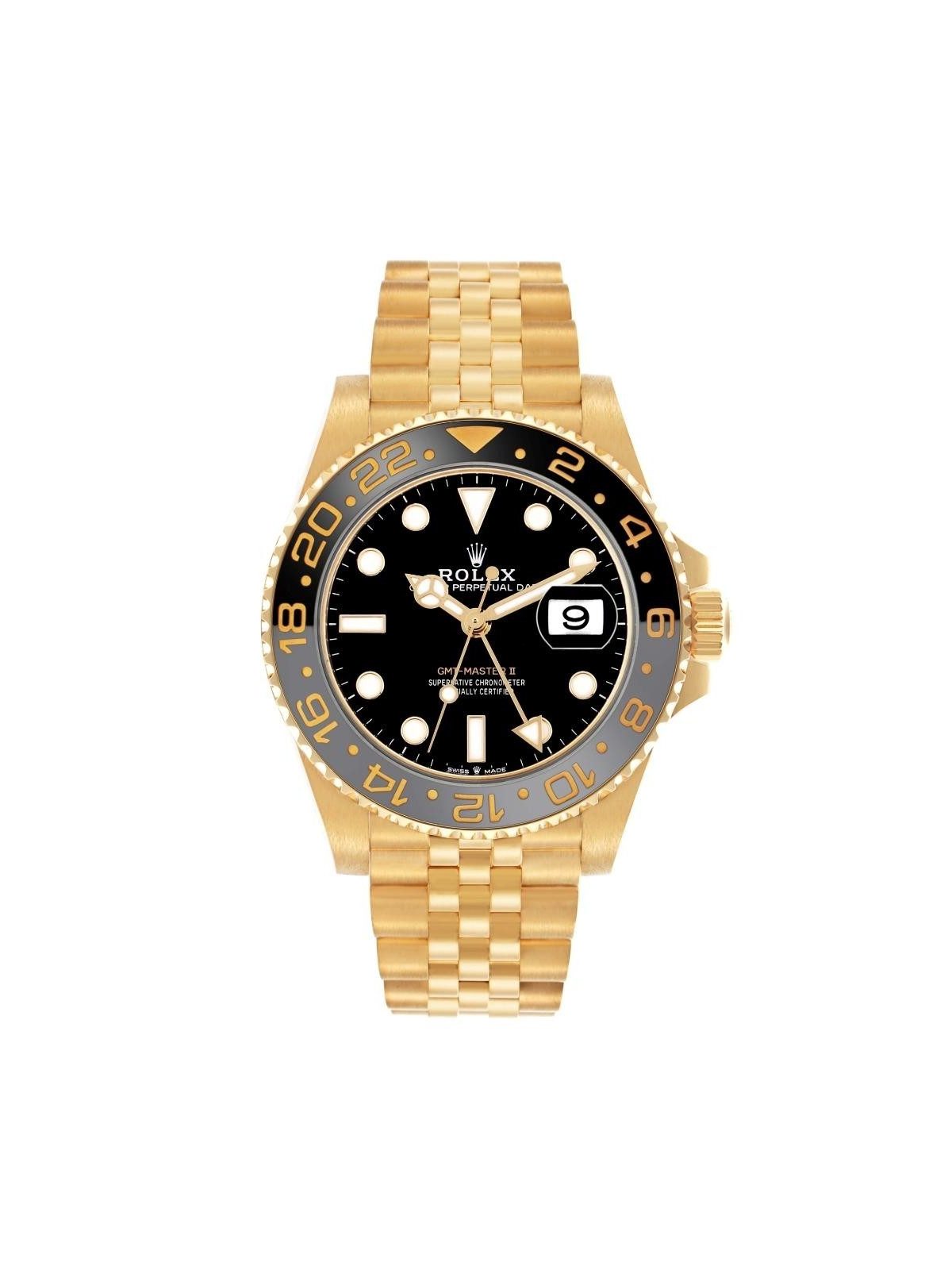 Rolex GMT Master II Black Grey Bezel Yellow Gold Mens Watch 126718 Box Card
