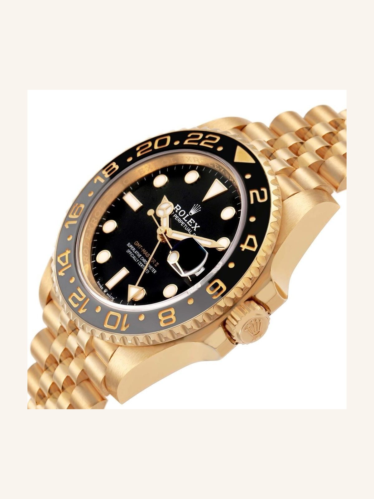 Rolex GMT Master II Black Grey Bezel Yellow Gold Mens Watch 126718 Box Card