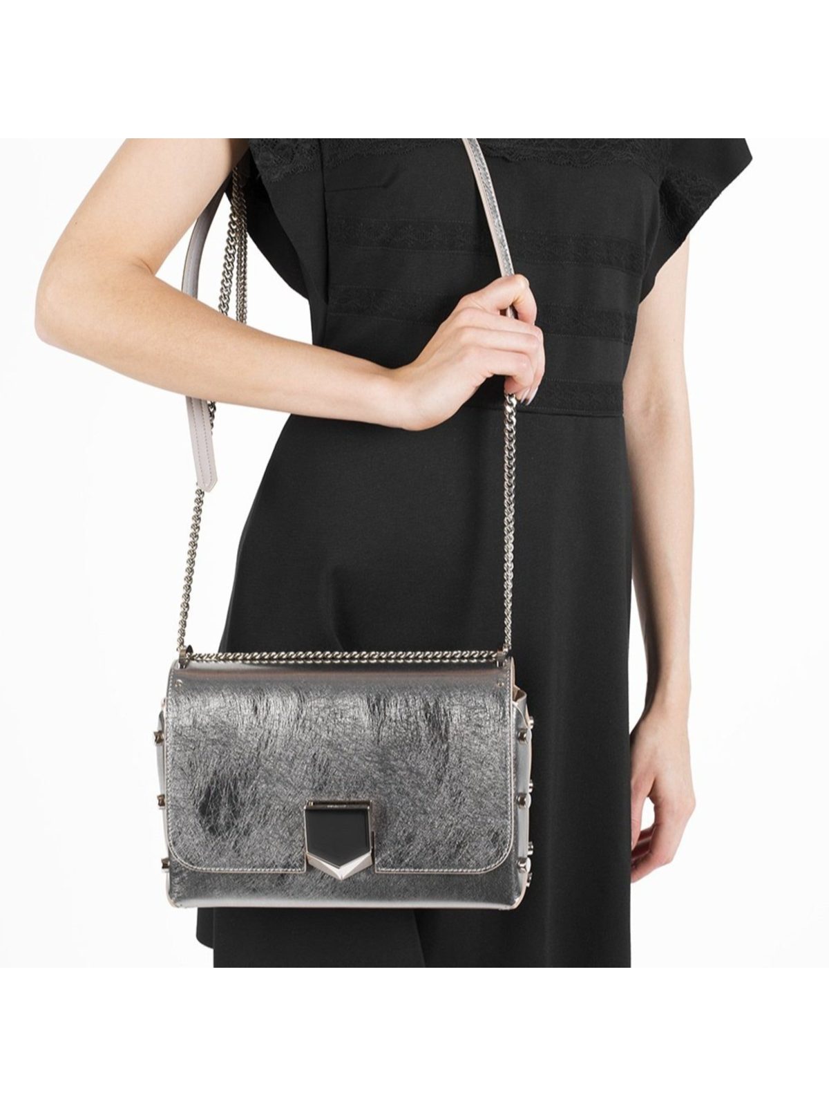 Jimmy Choo Lockett Metallic Silver Studded Leather Crossbody Bag