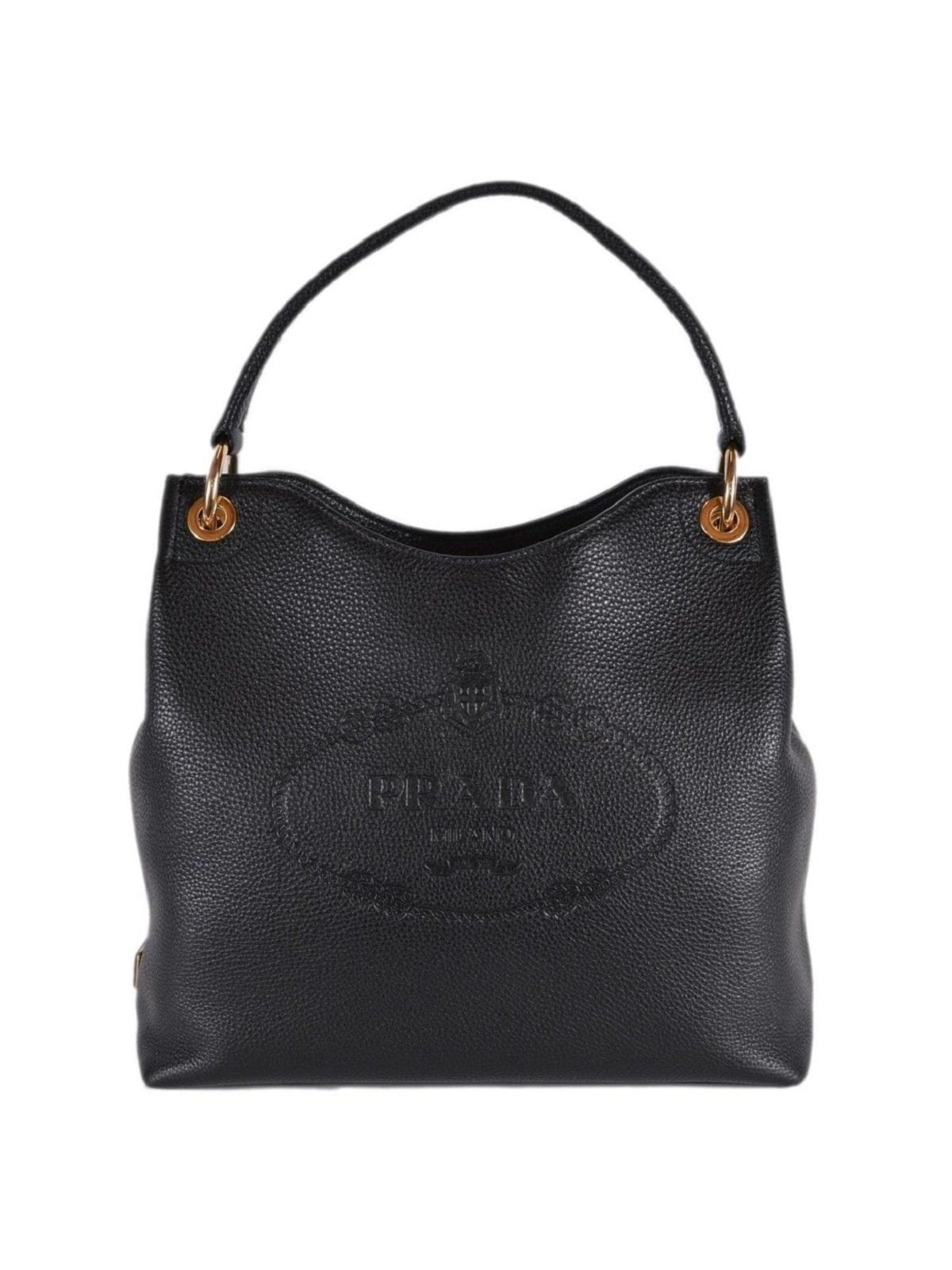 Prada Vitello Phenix Black Leather Embossed Logo Hobo Tote Bag