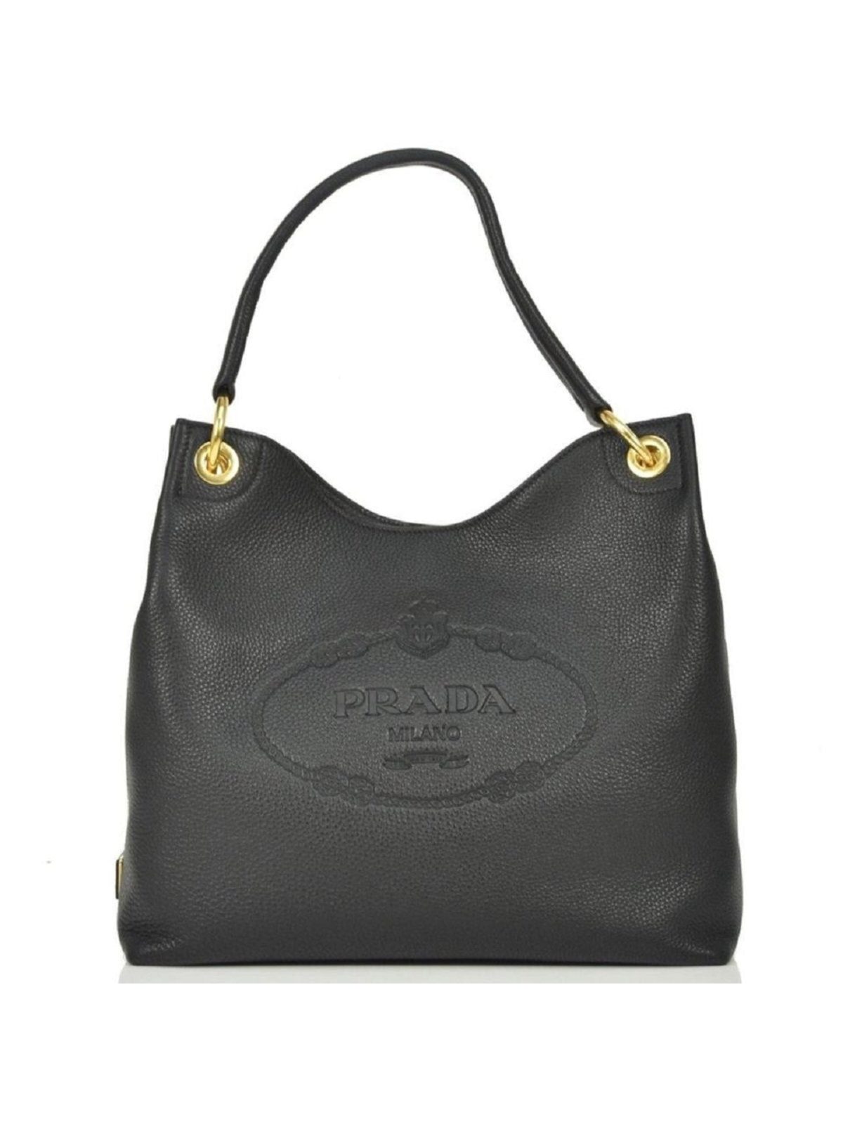 Prada Vitello Phenix Black Leather Embossed Logo Hobo Tote Bag