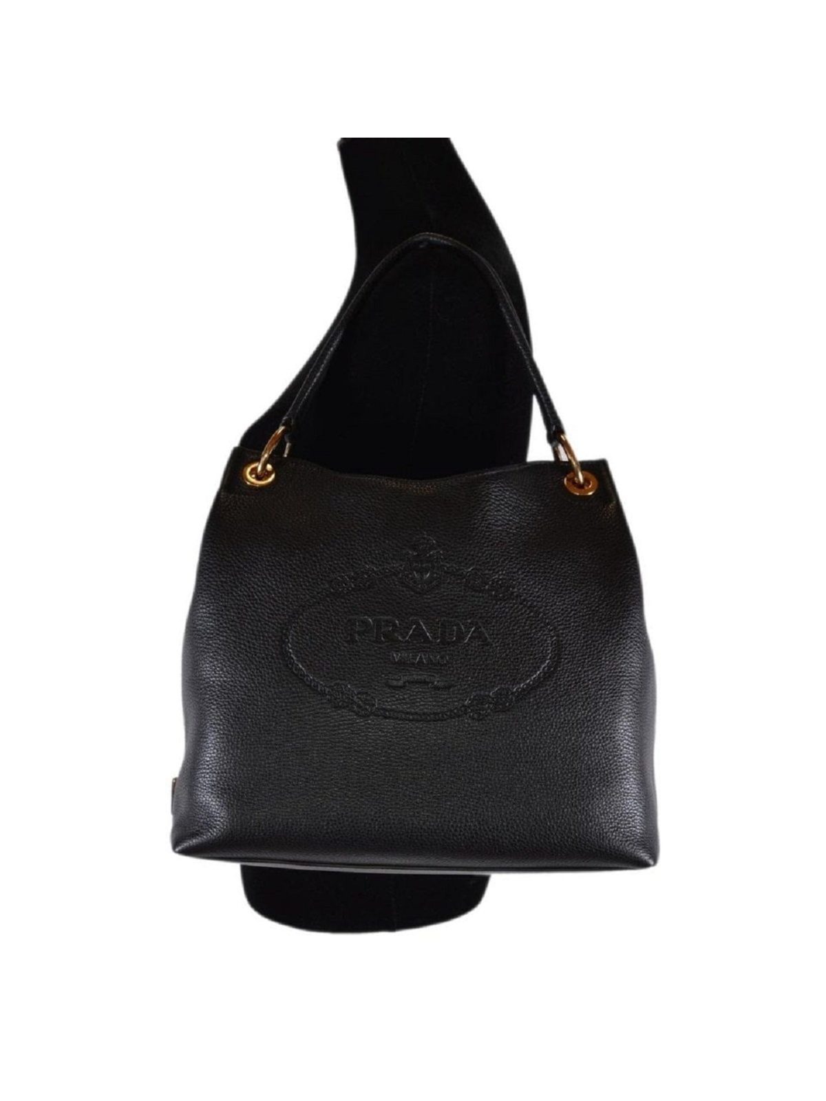 Prada Vitello Phenix Black Leather Embossed Logo Hobo Tote Bag