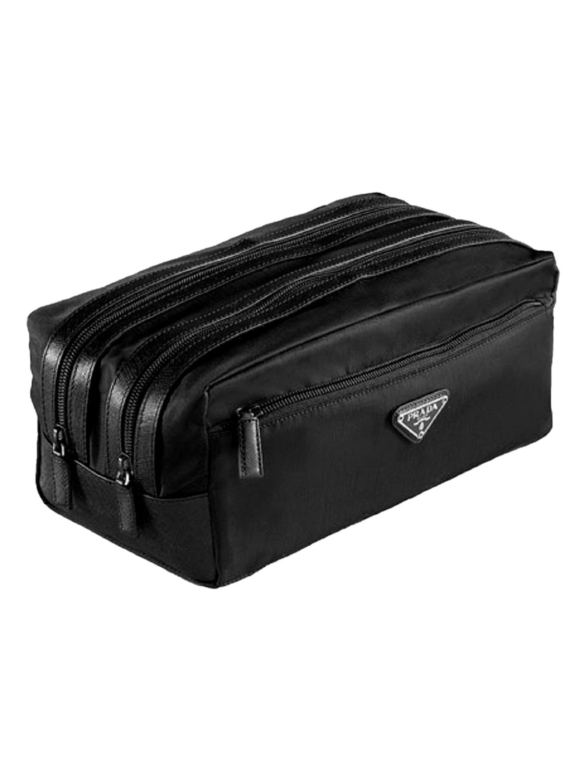 Prada Black Tessuto Nylon Saffiano Leather Trim Double Zip Necessaire Dopp Toiletry Bag