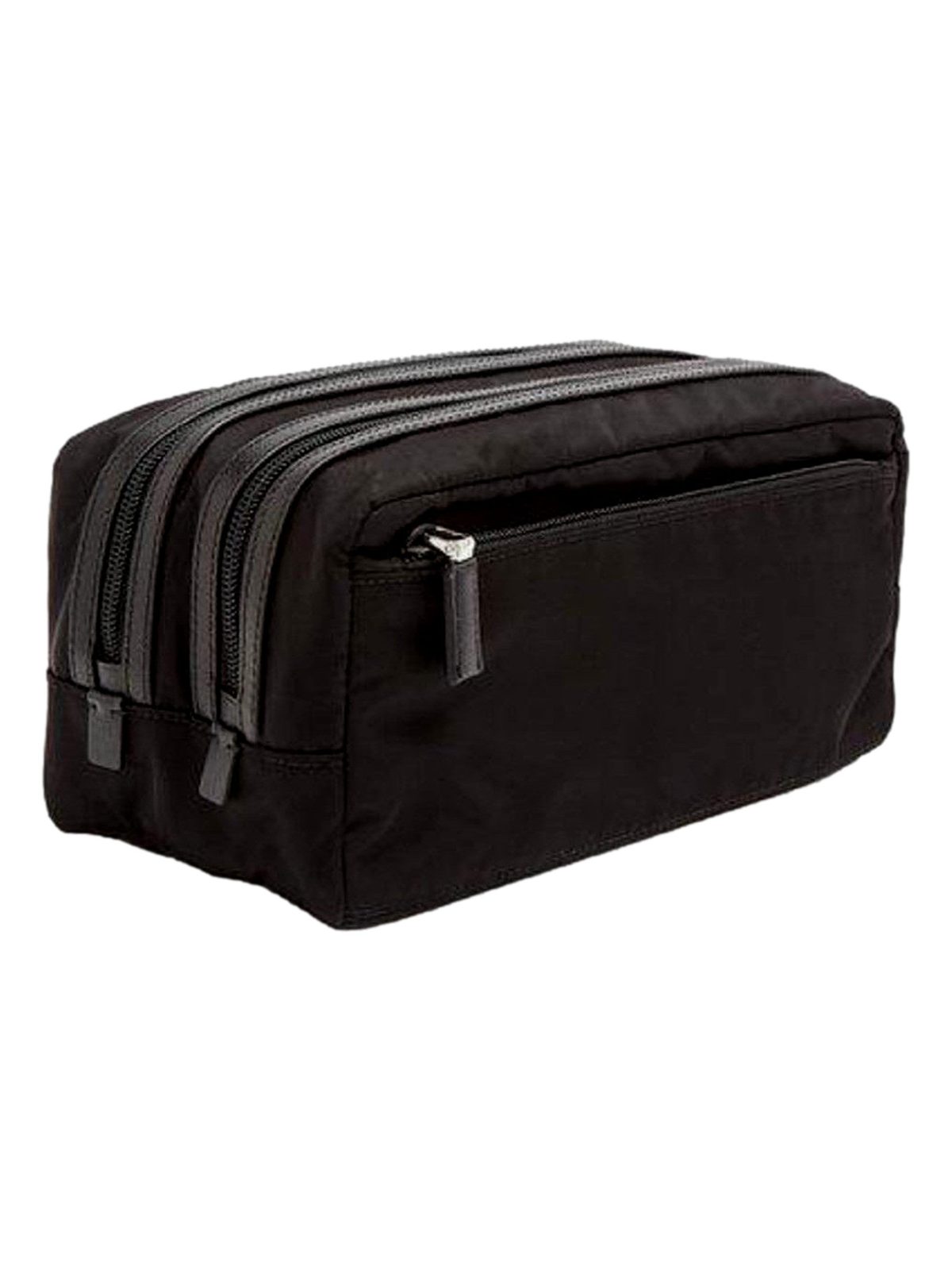 Prada Black Tessuto Nylon Saffiano Leather Trim Double Zip Necessaire Dopp Toiletry Bag