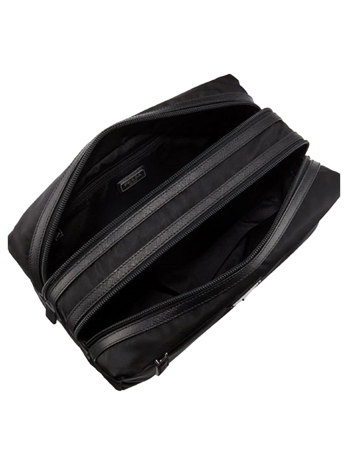 Prada Black Tessuto Nylon Saffiano Leather Trim Double Zip Necessaire Dopp Toiletry Bag