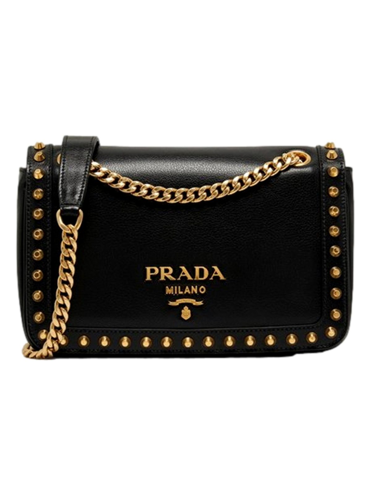 Prada Pattina Black Glace Calf Leather Studded Flap Crossbody Bag Gold Chain