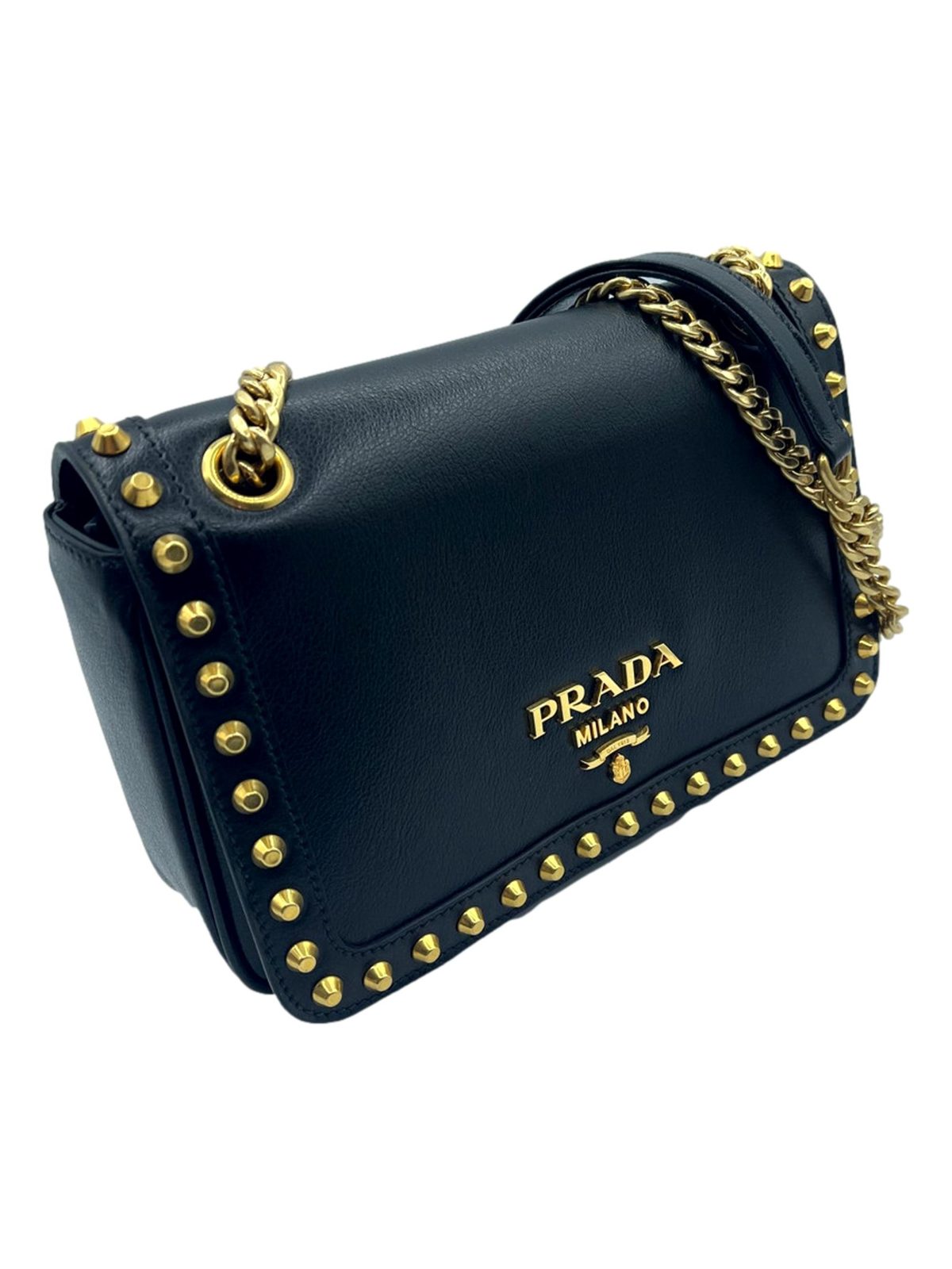 Prada Pattina Black Glace Calf Leather Studded Flap Crossbody Bag Gold Chain