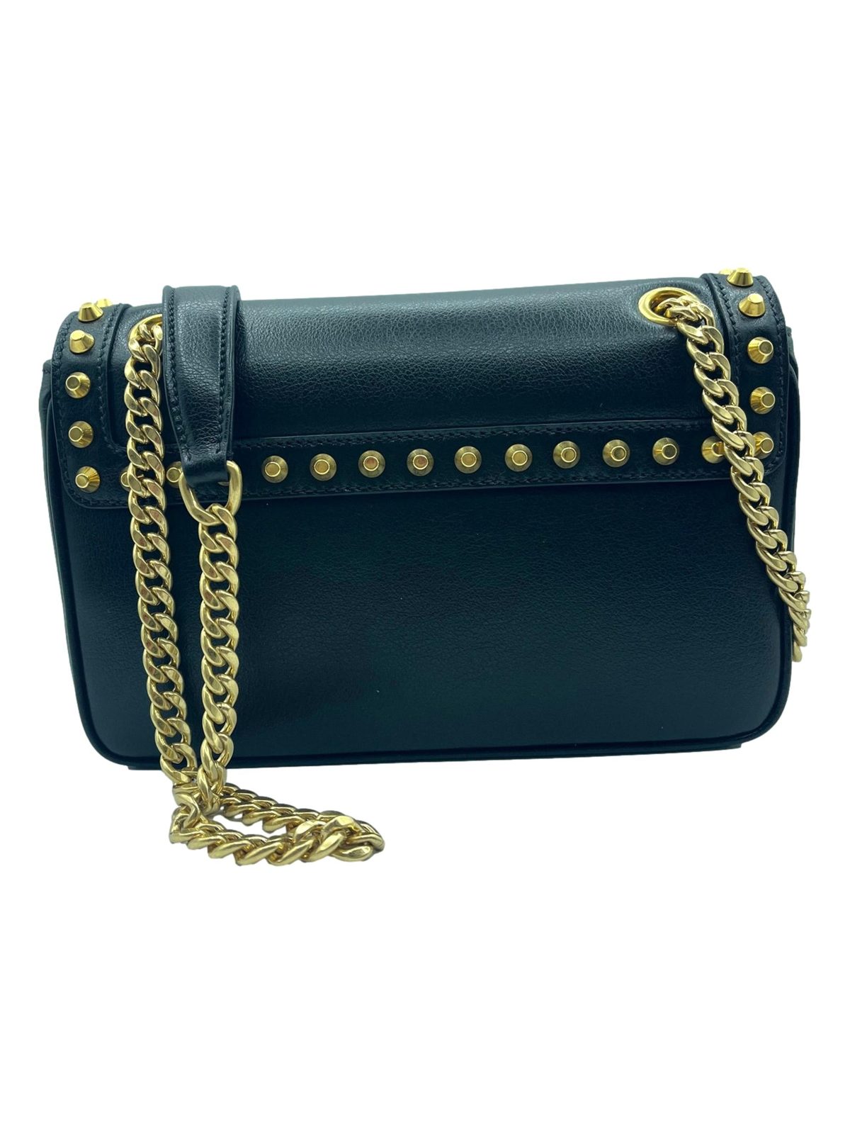 Prada Pattina Black Glace Calf Leather Studded Flap Crossbody Bag Gold Chain