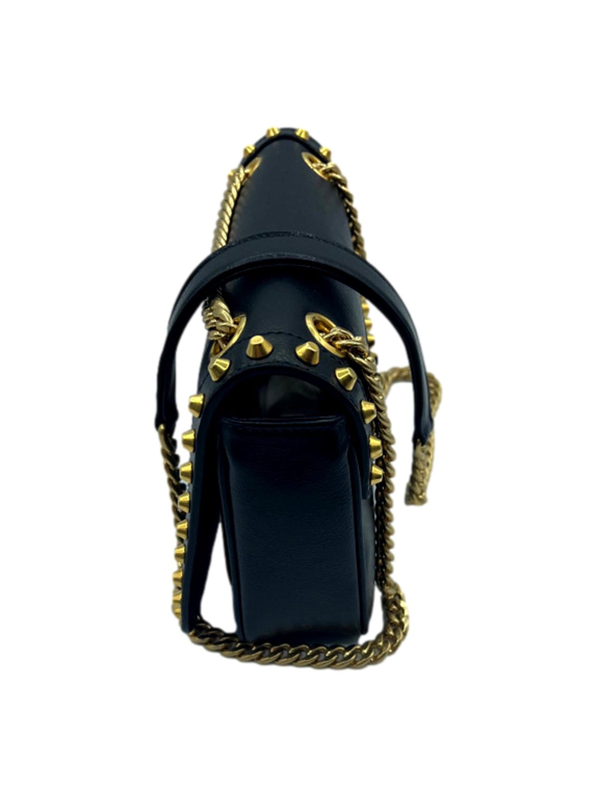 Prada Pattina Black Glace Calf Leather Studded Flap Crossbody Bag Gold Chain