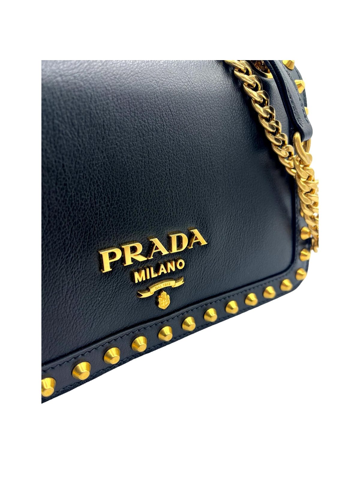 Prada Pattina Black Glace Calf Leather Studded Flap Crossbody Bag Gold Chain