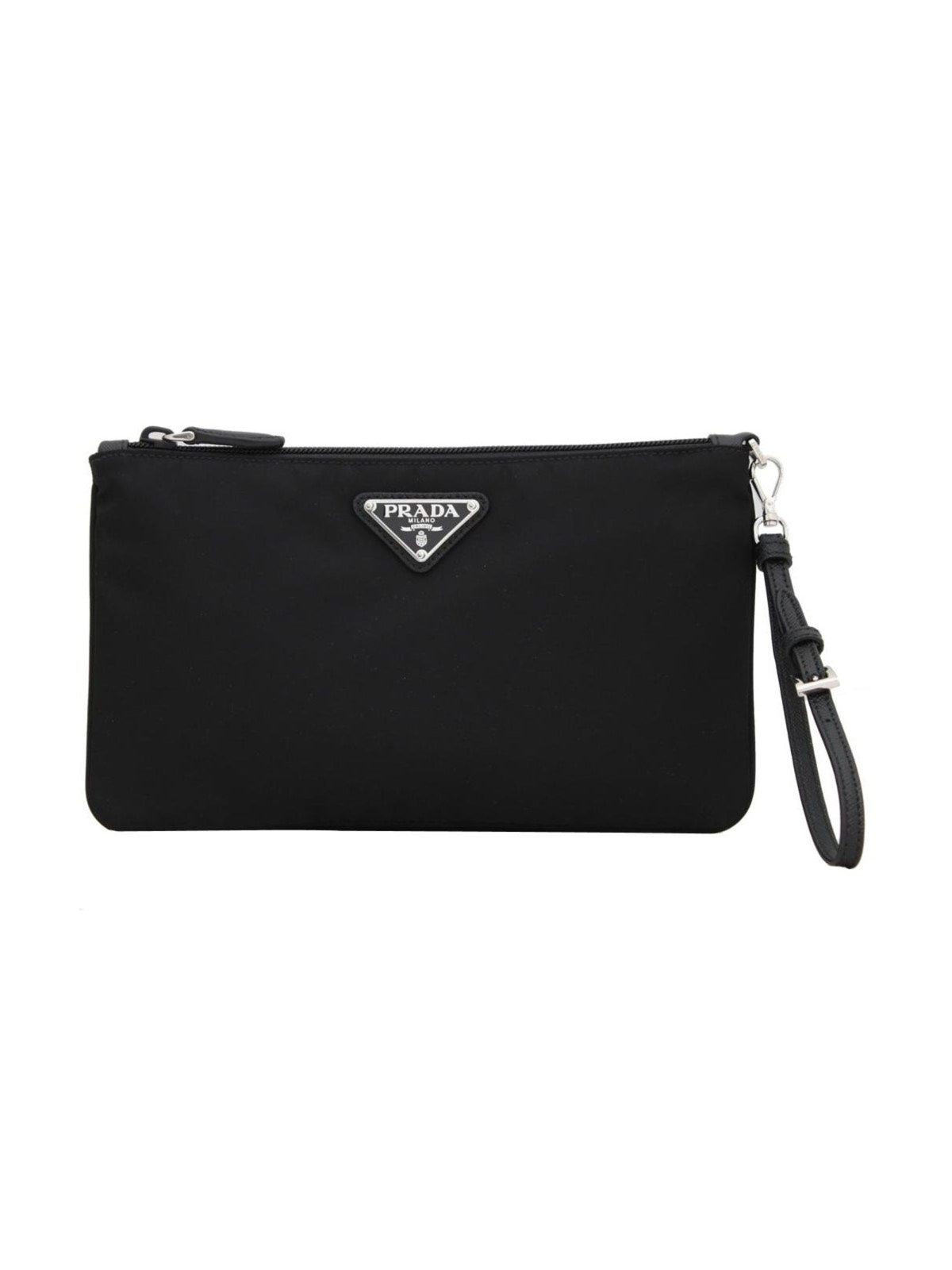 Prada Tessuto Nylon Black Triangle Logo Wristlet Clutch Pouch Bag
