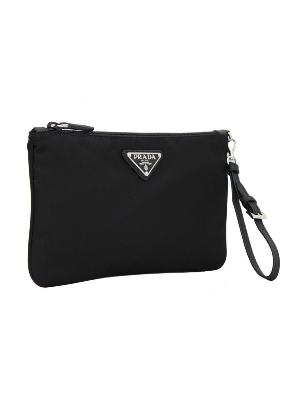 Prada Tessuto Nylon Black Triangle Logo Wristlet Clutch Pouch Bag
