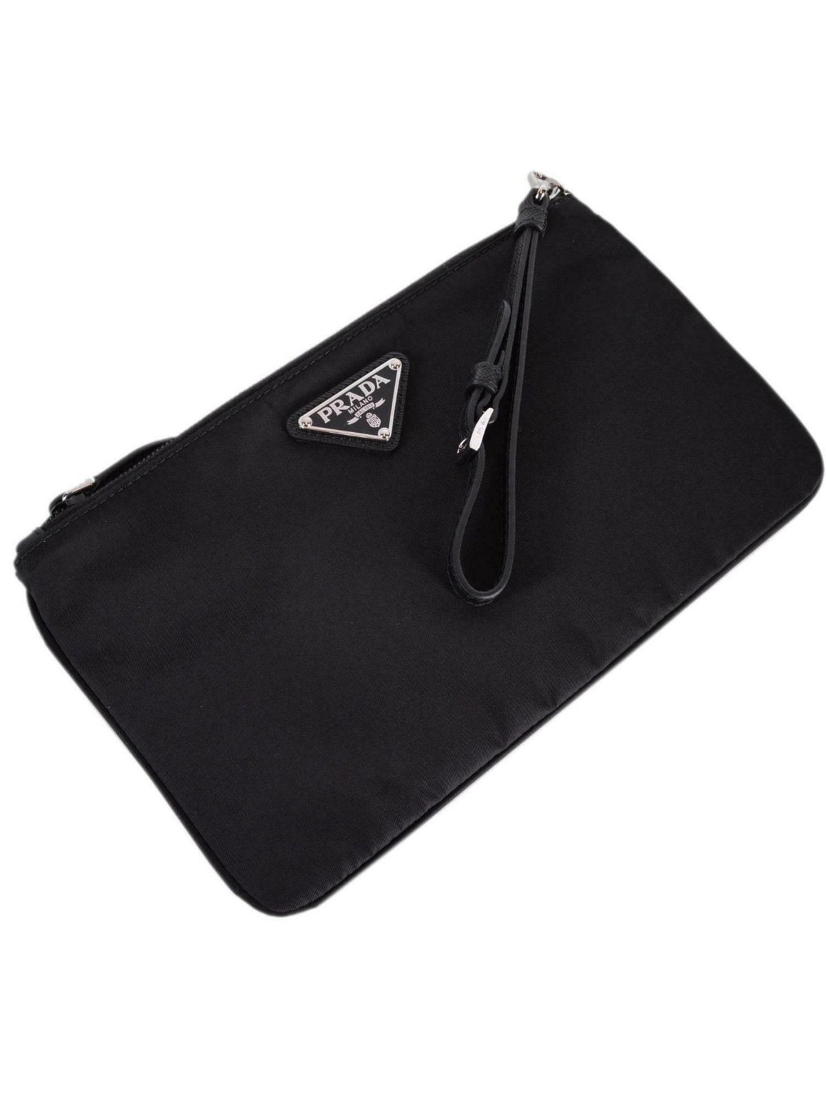 Prada Tessuto Nylon Black Triangle Logo Wristlet Clutch Pouch Bag