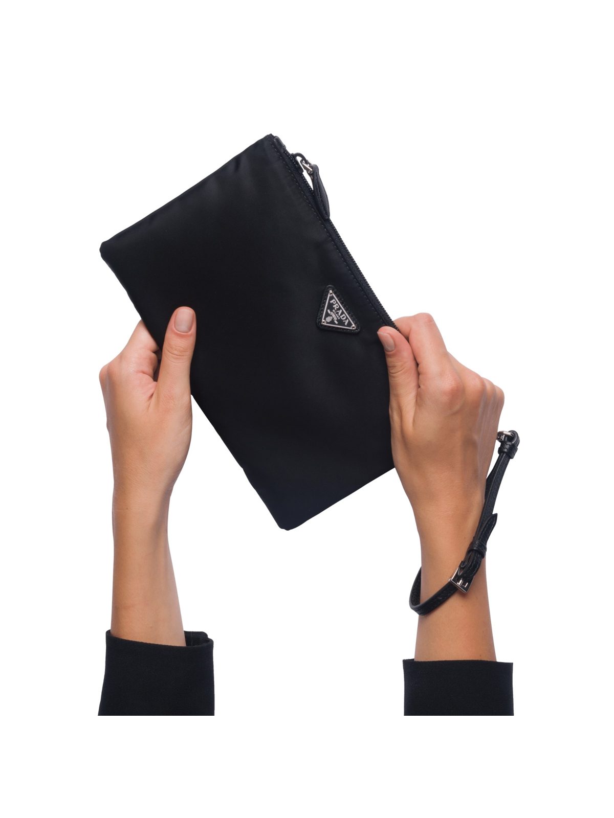 Prada Tessuto Nylon Black Triangle Logo Wristlet Clutch Pouch Bag