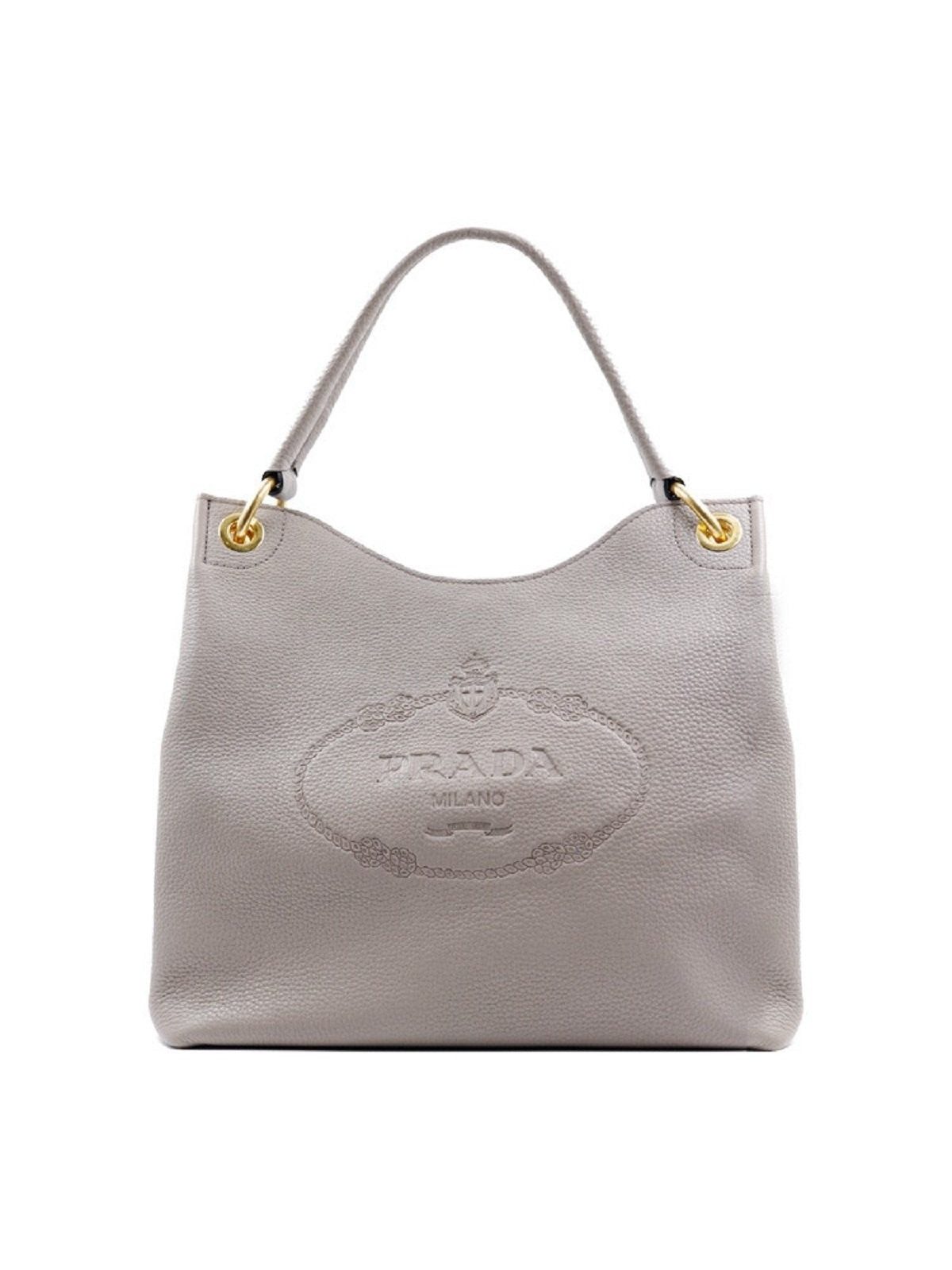 Prada Vitello Phenix Grey Leather Embossed Logo Hobo Tote Bag