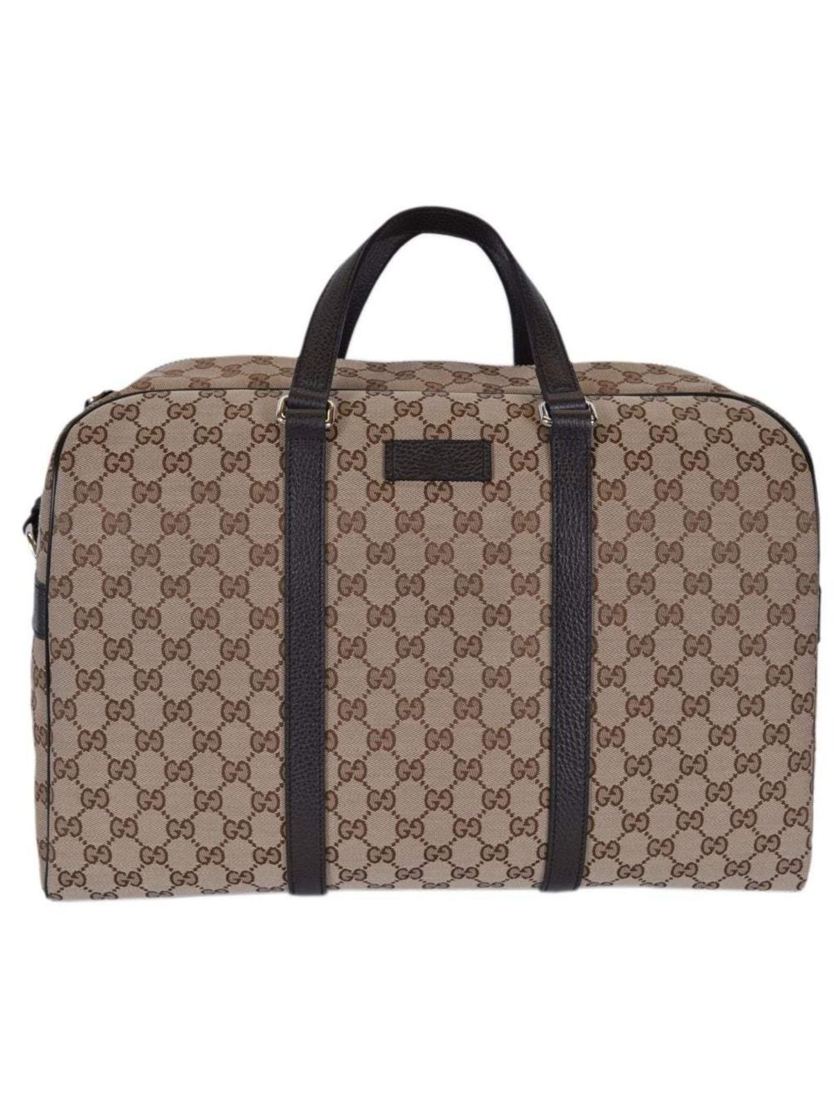 Gucci Large GG Logo Beige Canvas Brown Leather Strap Duffle Bag