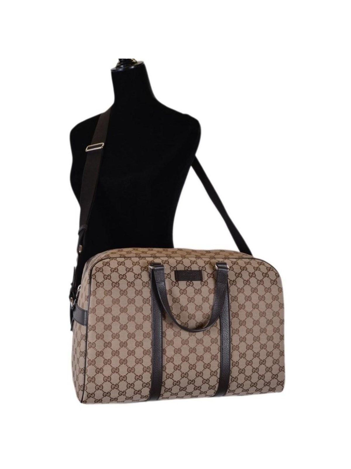 Gucci Large GG Logo Beige Canvas Brown Leather Strap Duffle Bag