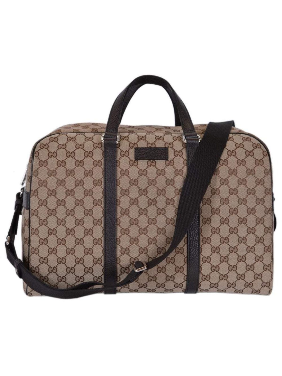 Gucci Large GG Logo Beige Canvas Brown Leather Strap Duffle Bag