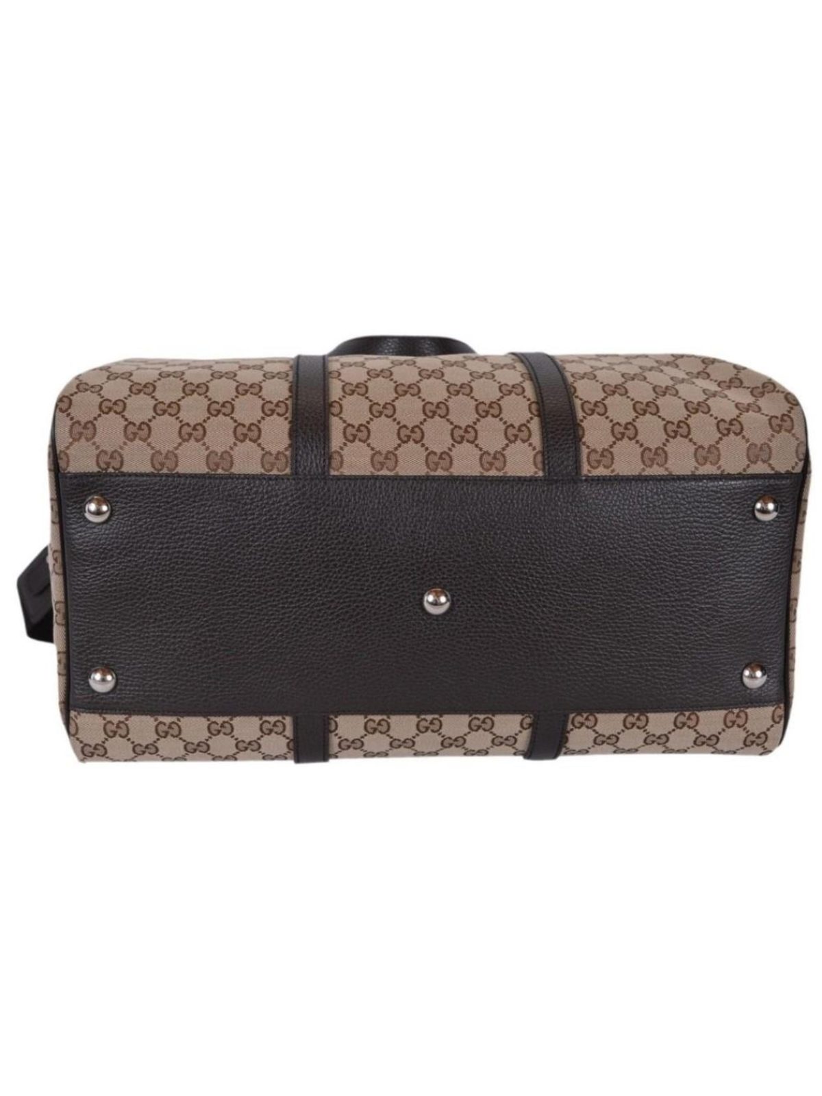 Gucci Large GG Logo Beige Canvas Brown Leather Strap Duffle Bag