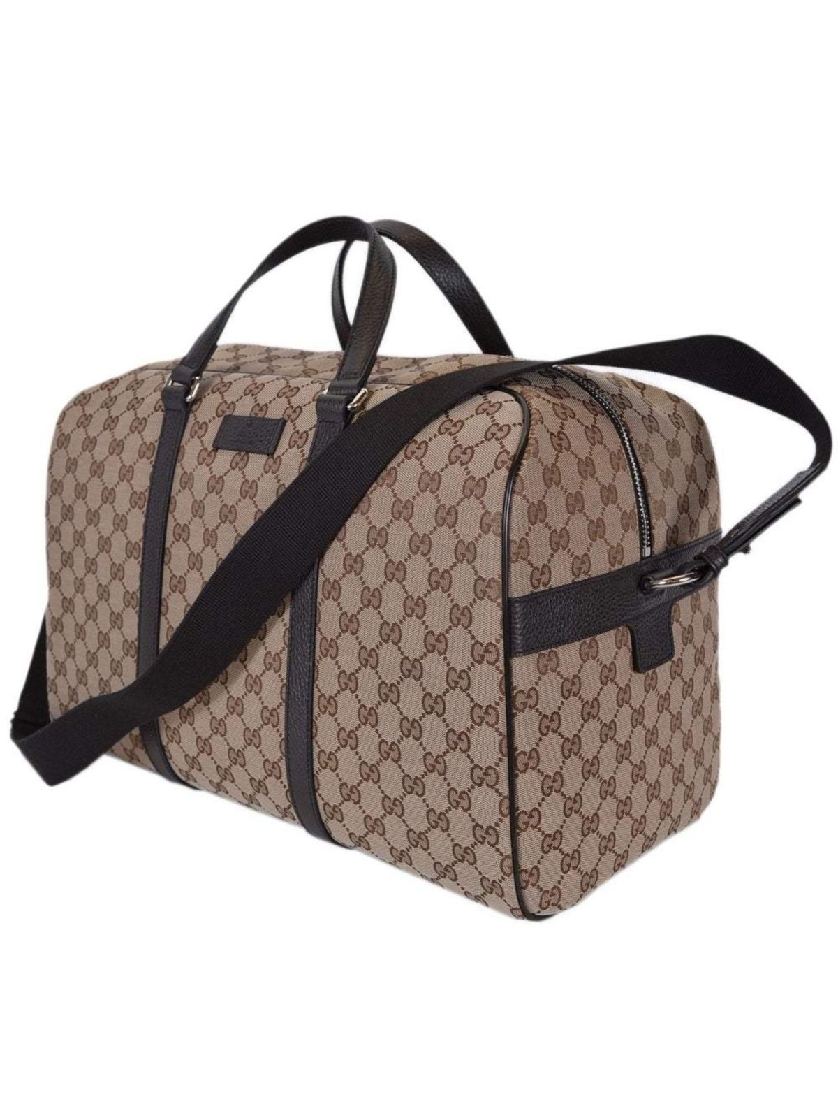 Gucci Large GG Logo Beige Canvas Brown Leather Strap Duffle Bag