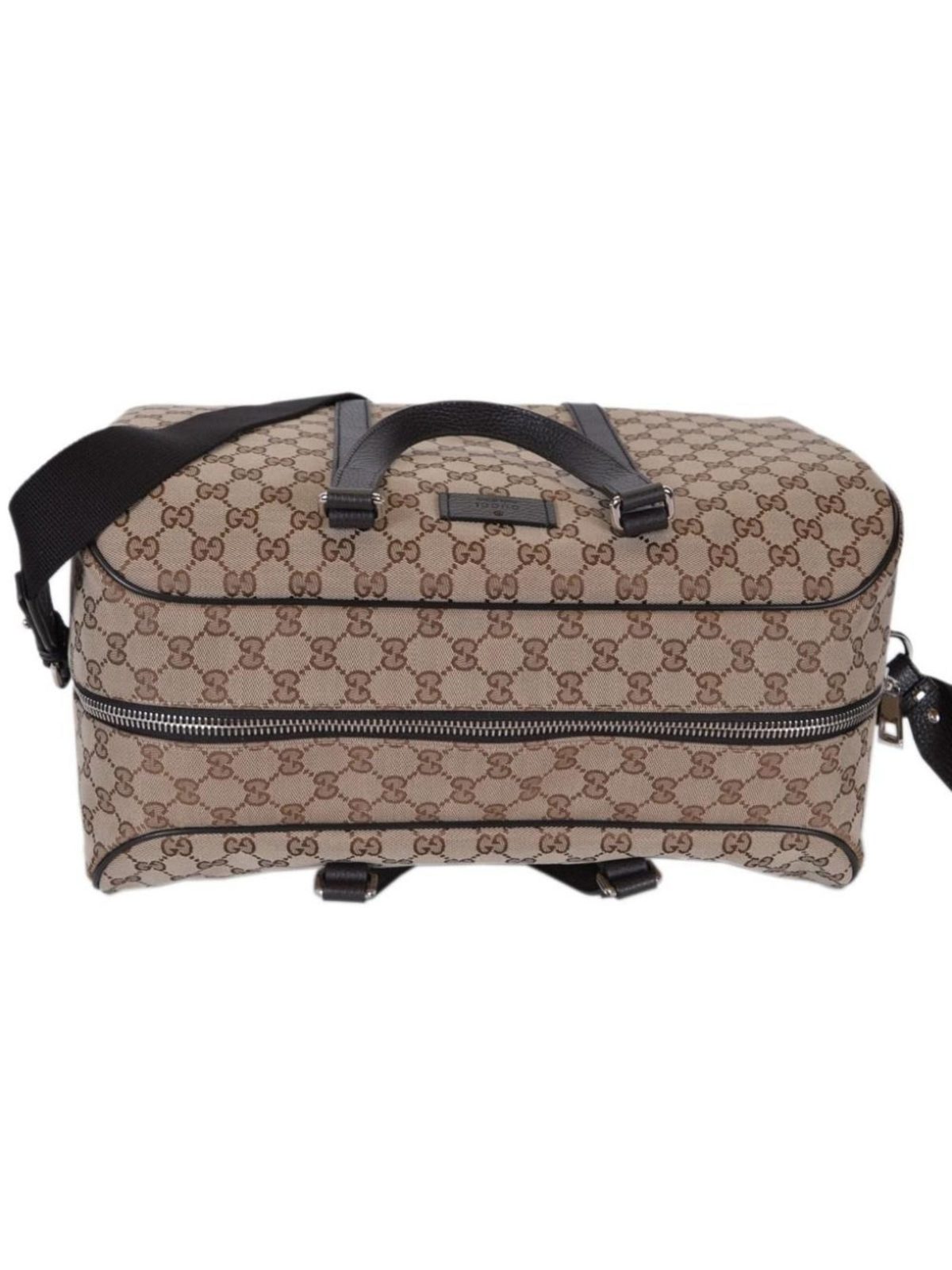 Gucci Large GG Logo Beige Canvas Brown Leather Strap Duffle Bag