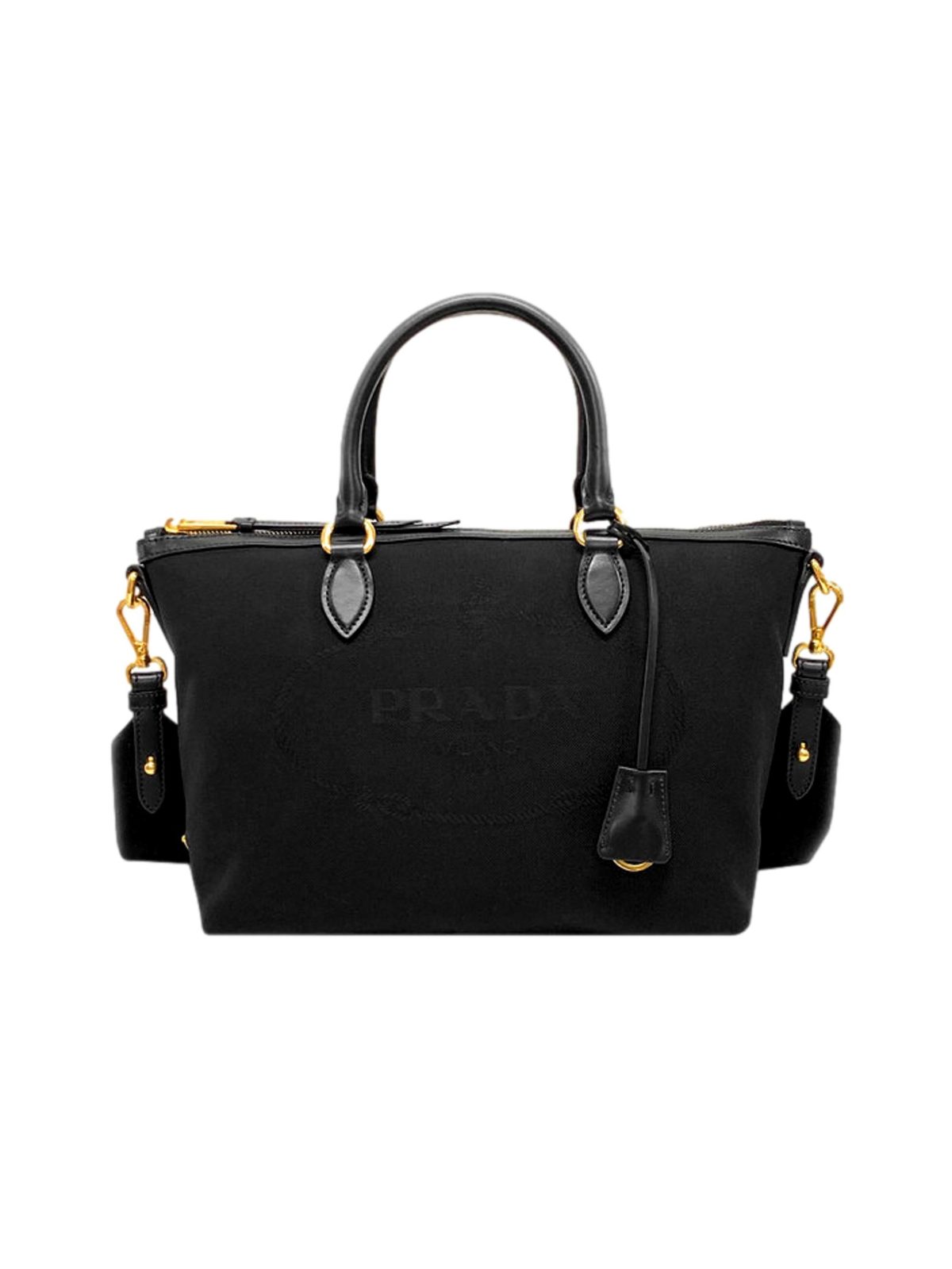 Prada Logo Jacquard Black Canvas Satchel Crossbody Bag Gold Hardware