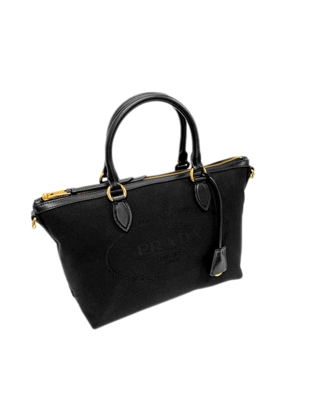 Prada Logo Jacquard Black Canvas Satchel Crossbody Bag Gold Hardware