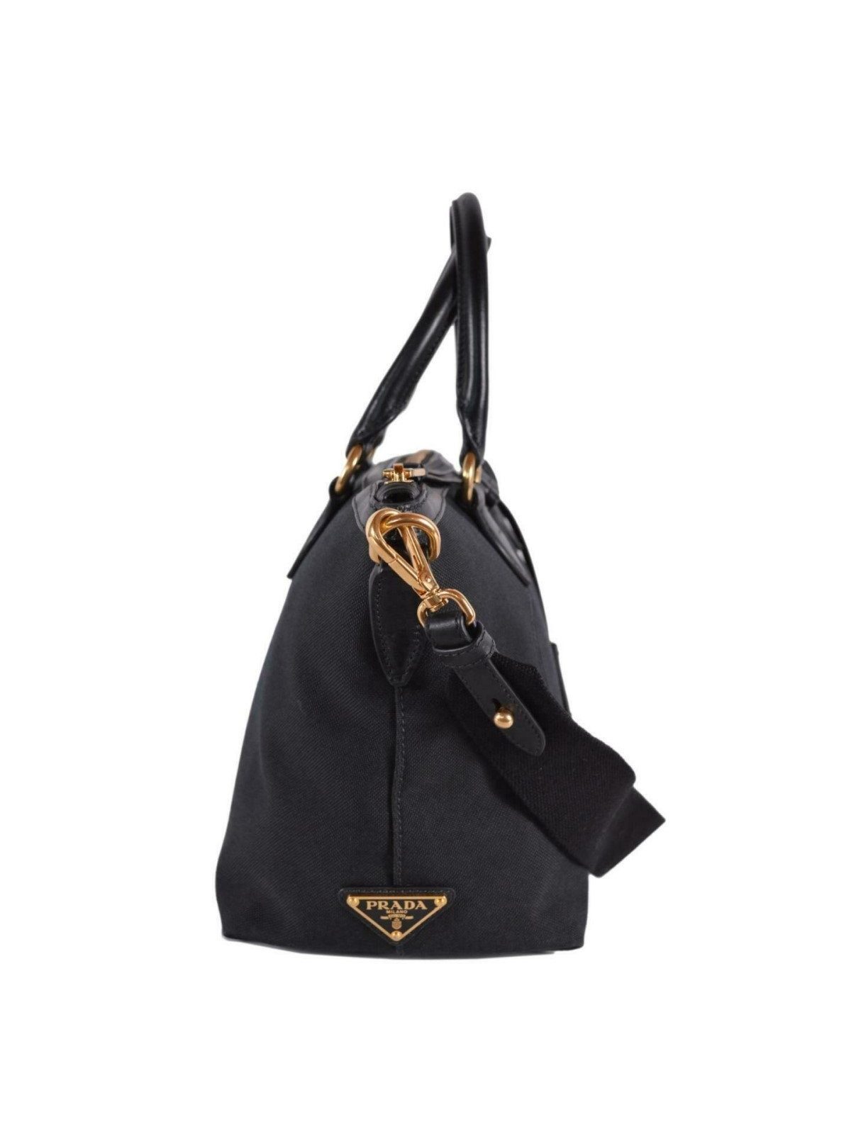Prada Logo Jacquard Black Canvas Satchel Crossbody Bag Gold Hardware