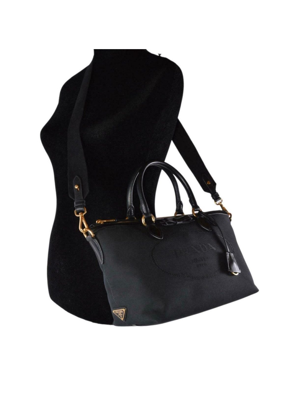 Prada Logo Jacquard Black Canvas Satchel Crossbody Bag Gold Hardware