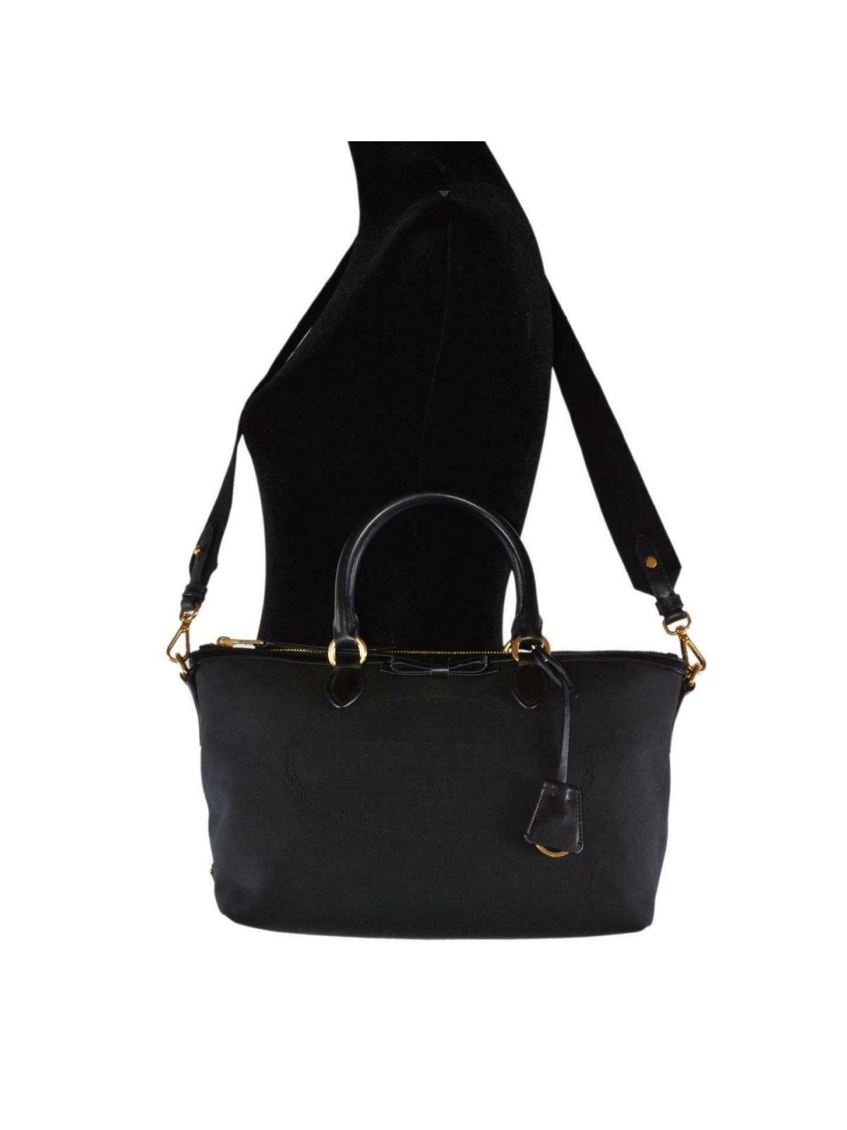 Prada Logo Jacquard Black Canvas Satchel Crossbody Bag Gold Hardware