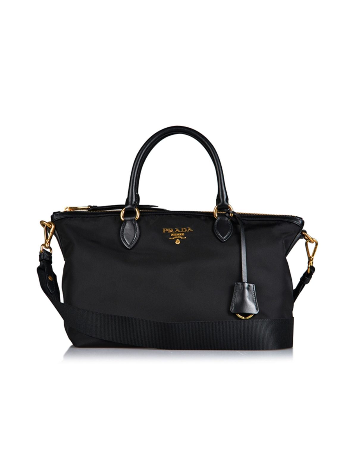 Prada Tessuto Nylon Black Leather Clochette Crossbody Tote Bag