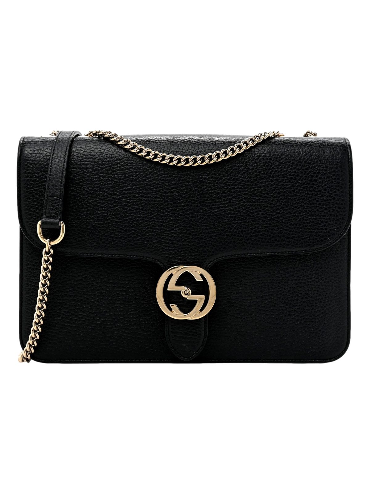 Gucci GG Marmont Crossbody Bag Black Pebbled Leather Gold Chain Interlocking GG