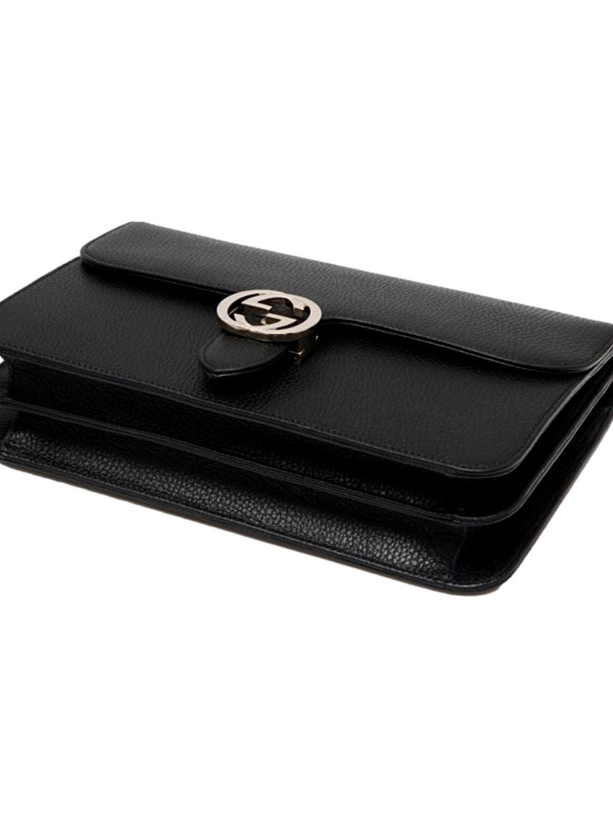 Gucci GG Marmont Crossbody Bag Black Pebbled Leather Gold Chain Interlocking GG