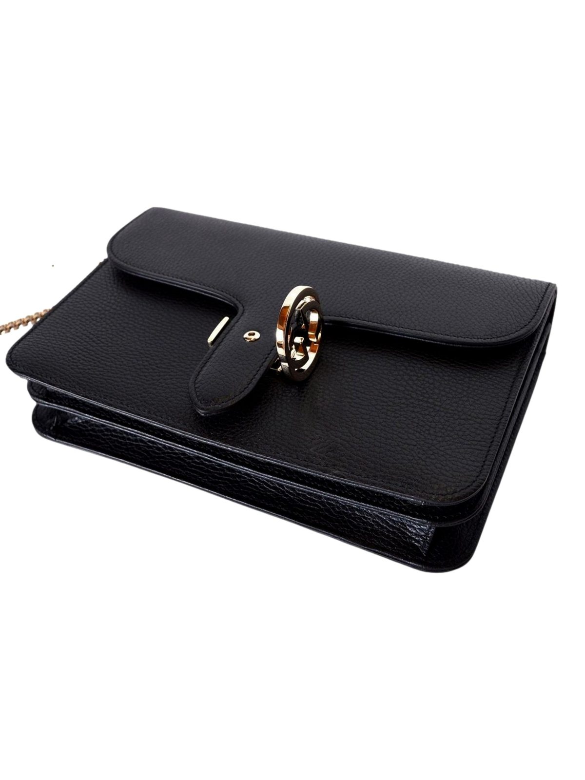 Gucci GG Marmont Crossbody Bag Black Pebbled Leather Gold Chain Interlocking GG