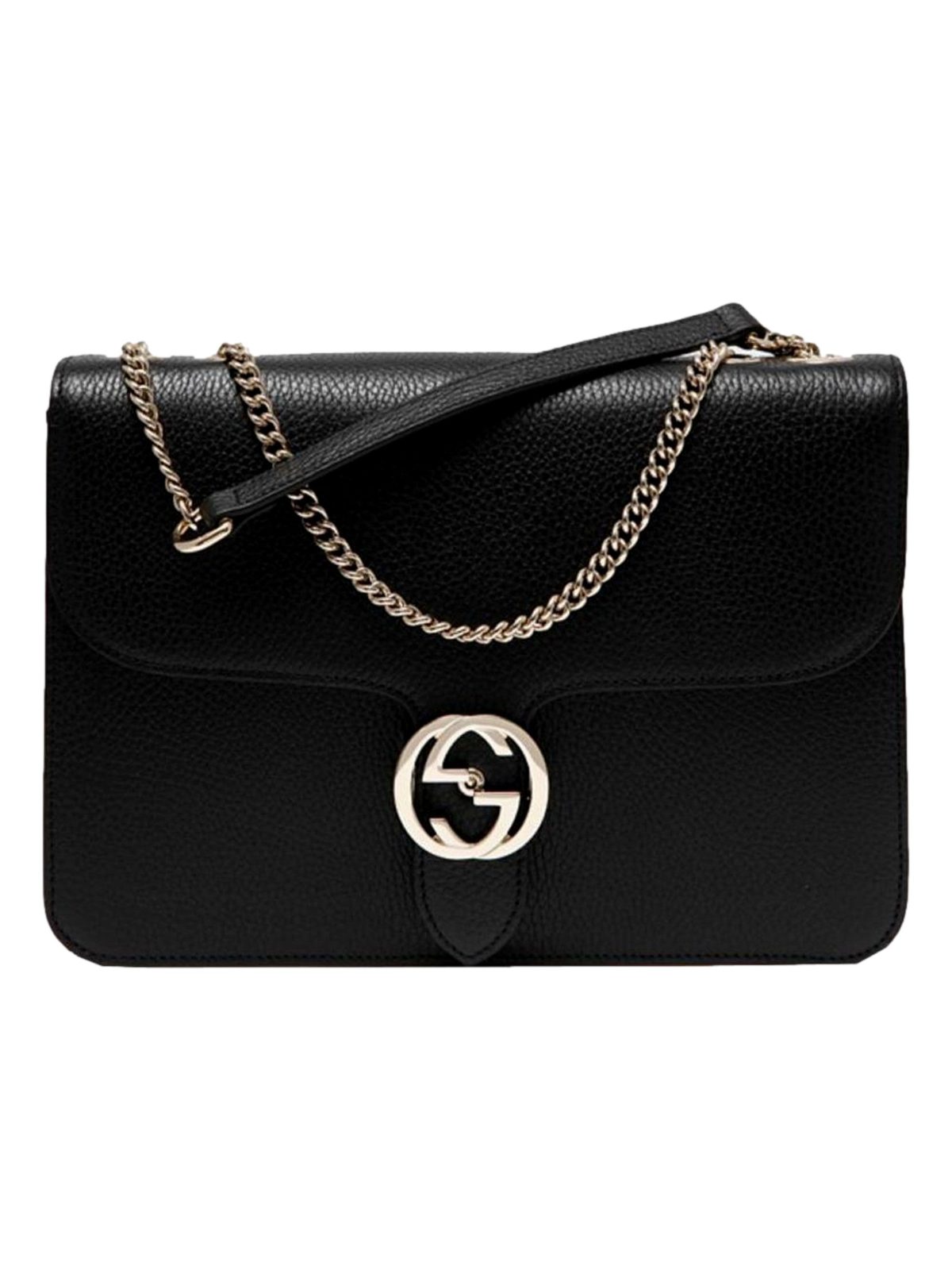 Gucci GG Marmont Crossbody Bag Black Pebbled Leather Gold Chain Interlocking GG